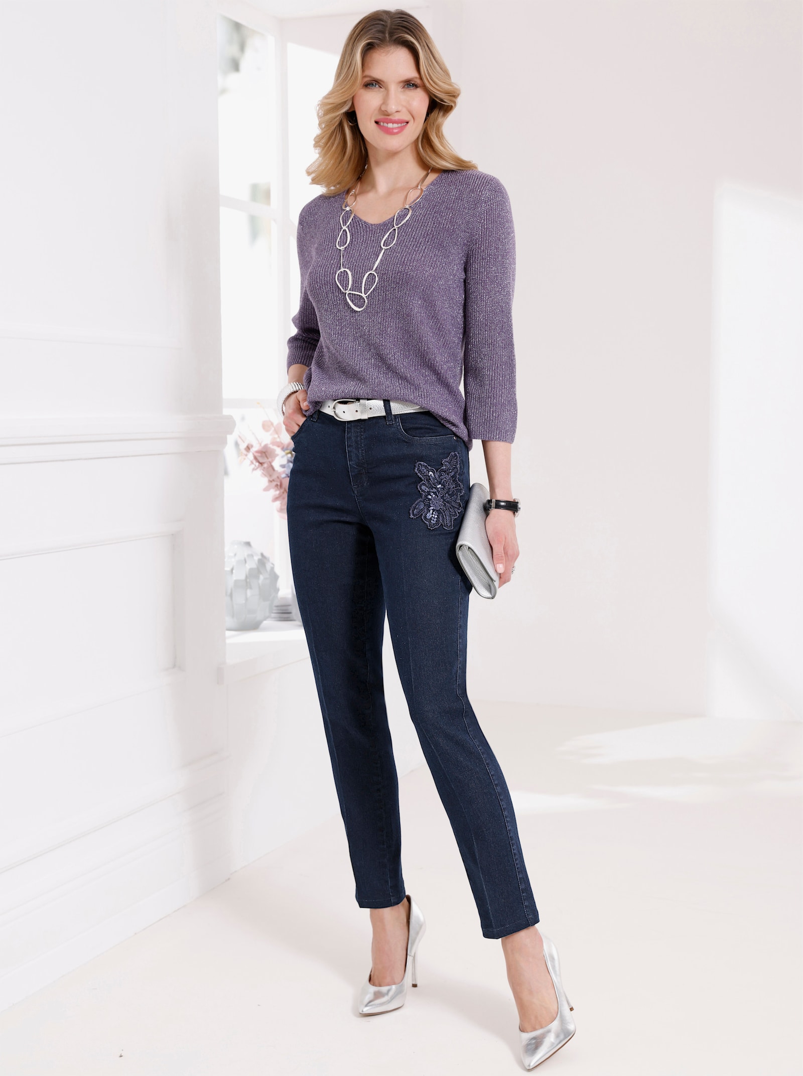 3/4 Arm-Pullover mit Glanzgarnen - feige