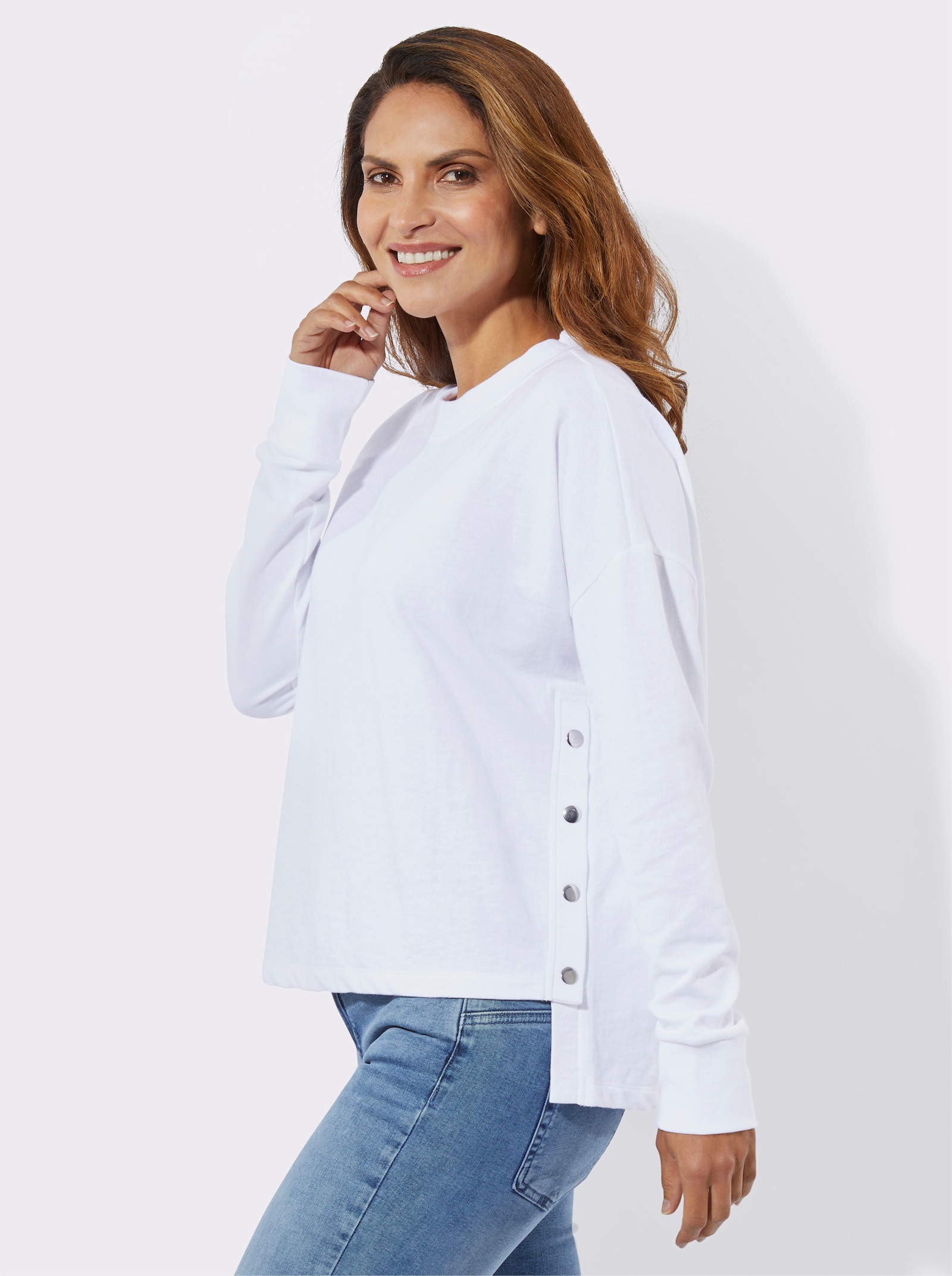 Sweatshirt mit seitlicher Druckknopfleiste - weiß