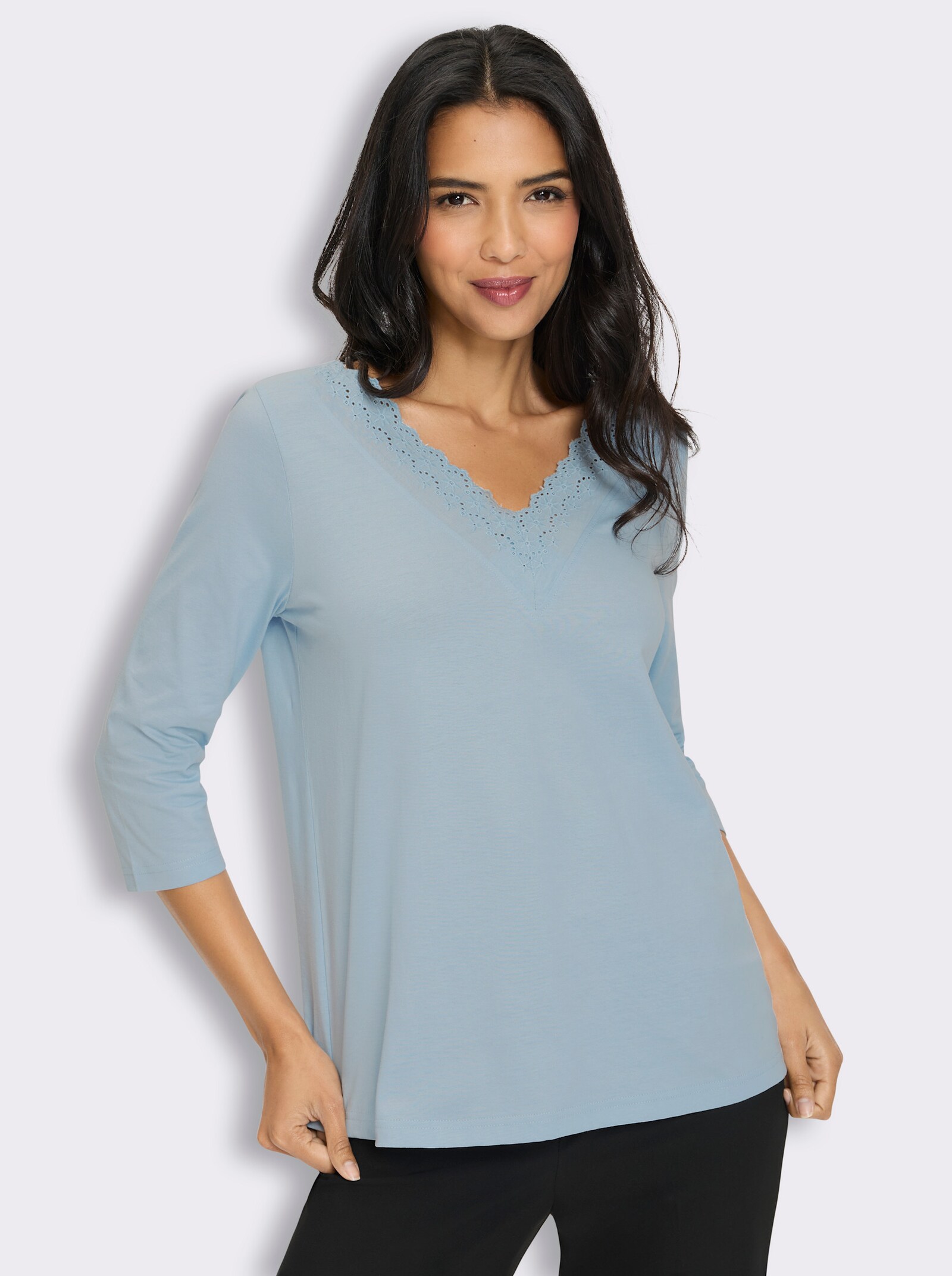 3/4-Arm-Shirt mit Spitze am Ausschnitt - eisblau
