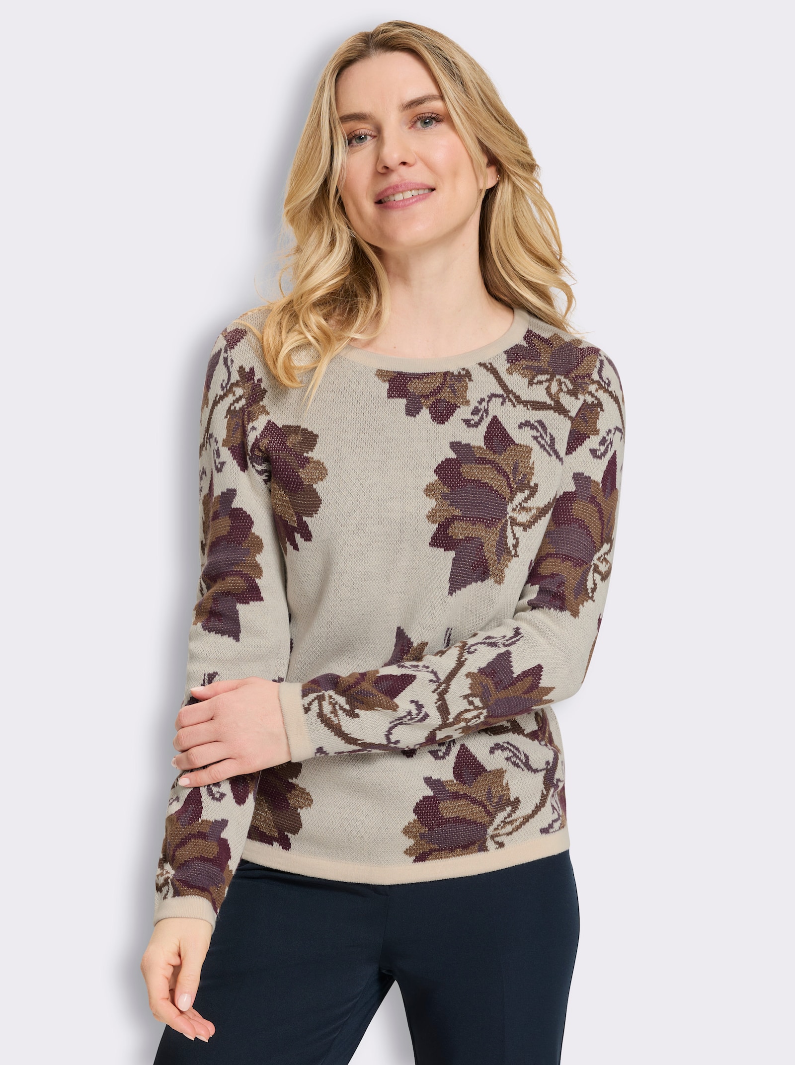 Jacquard-Pullover mit Glanzgarn-Details - elfenbein-schoko-gemustert
