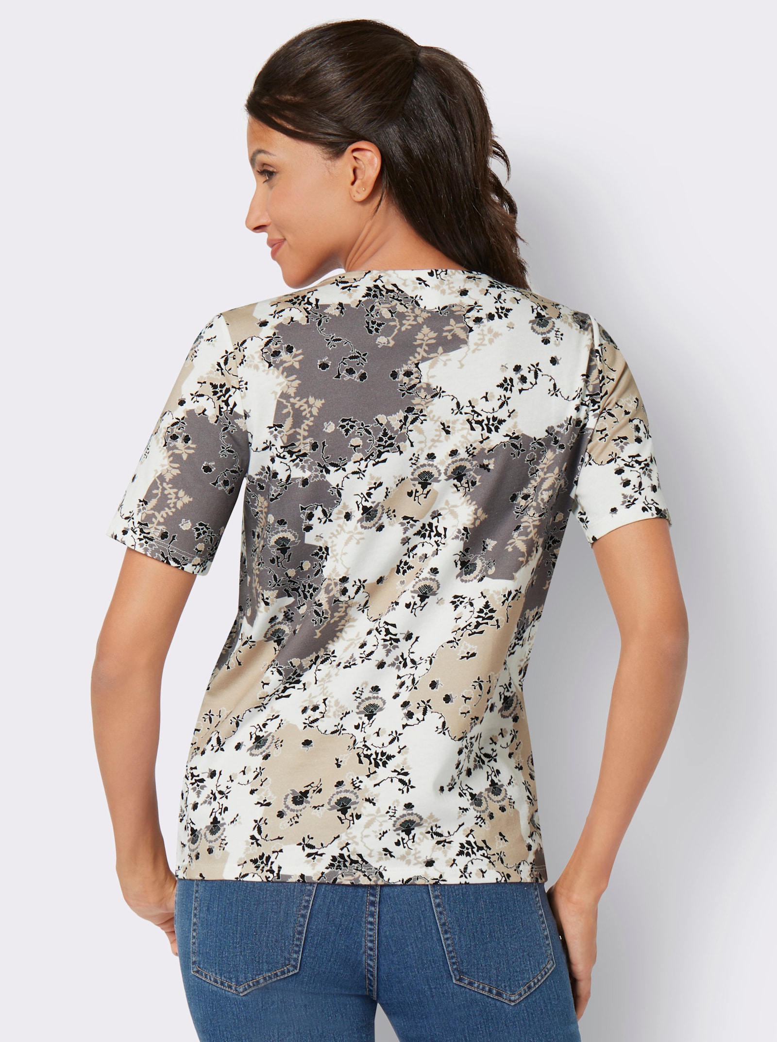 Shirt met korte mouwen van puur katoen - ecru/grijs bedrukt