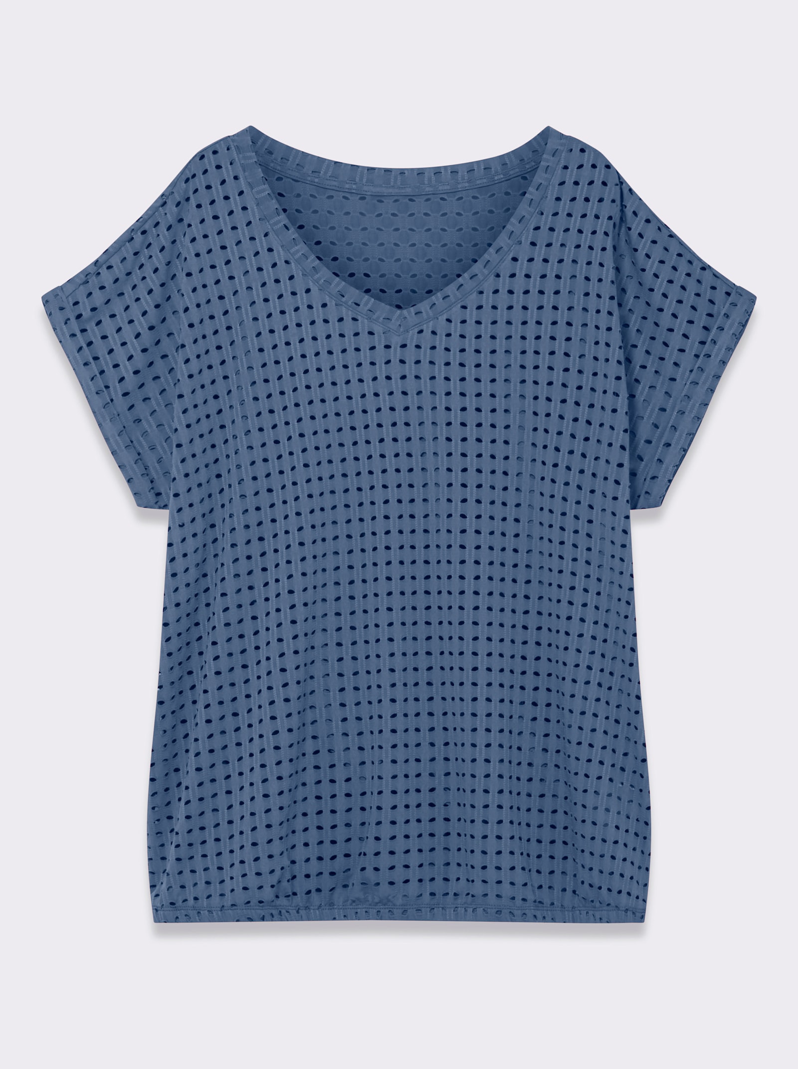 Kurzarmshirt mit Lochmuster - jeansblau