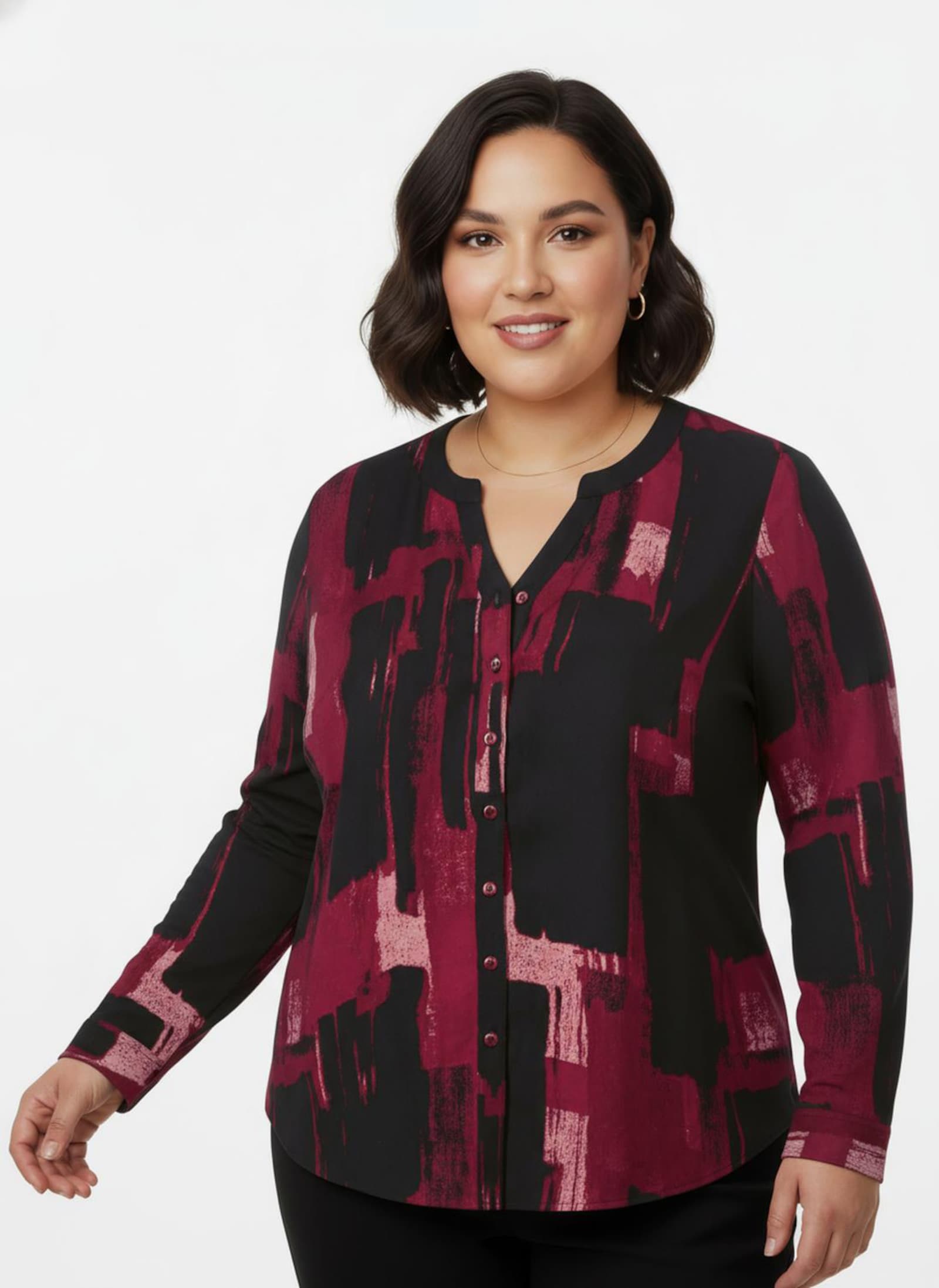 Druckbluse mit Krempelärmeln - schwarz-rot-bedruckt