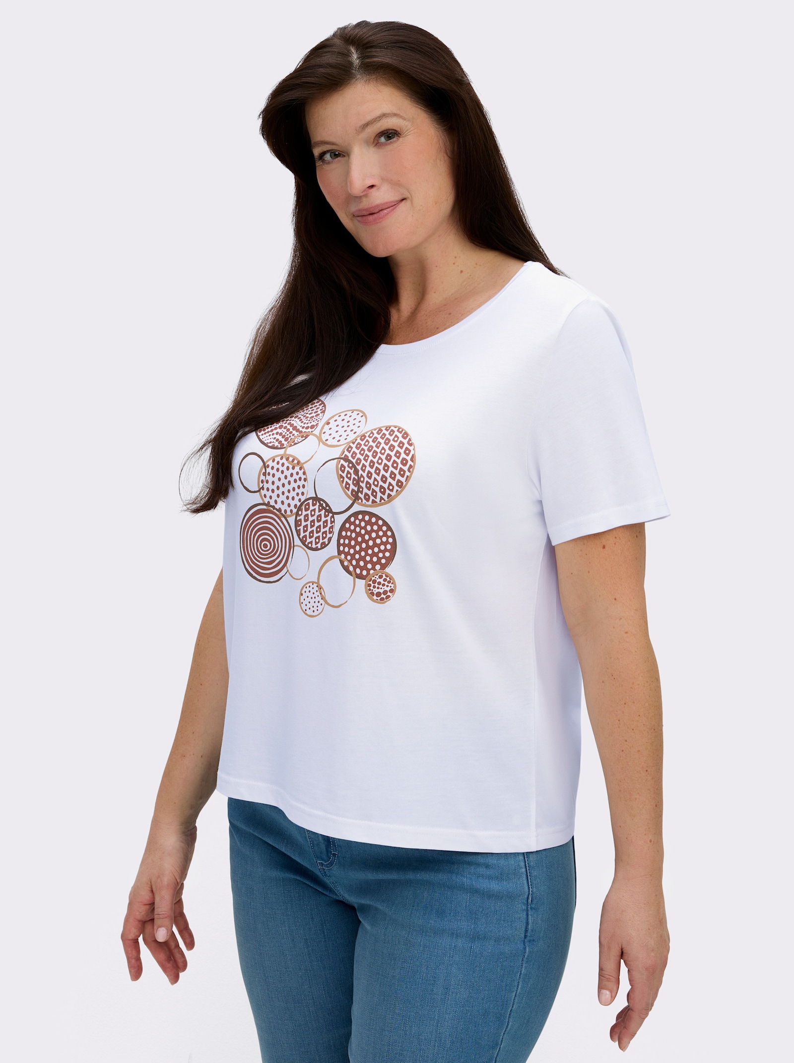 Kurzarmshirt mit platziertem Front-Druck - weiß-rotbraun-bedruckt