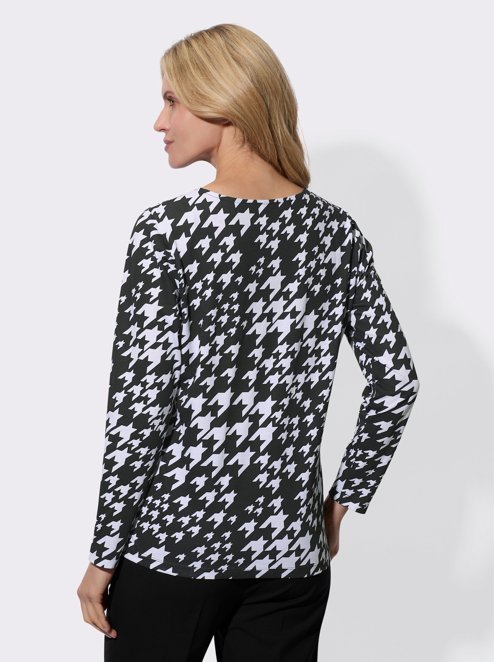 Langarmshirt im Hahnentritt-Muster - schwarz-weiss-bedruckt