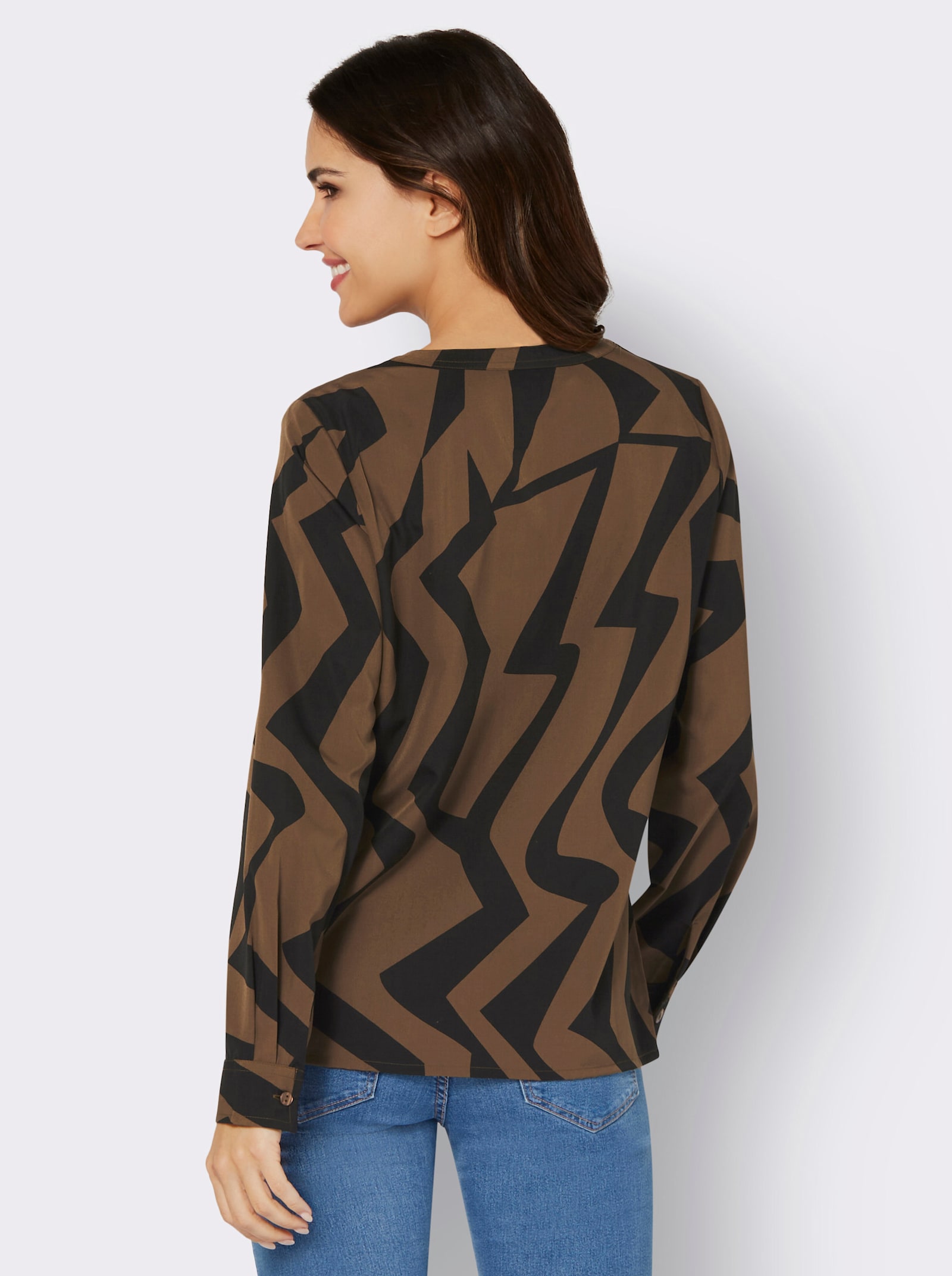 Blouse met lange mouwen en grafische print - bruin/zwart bedrukt