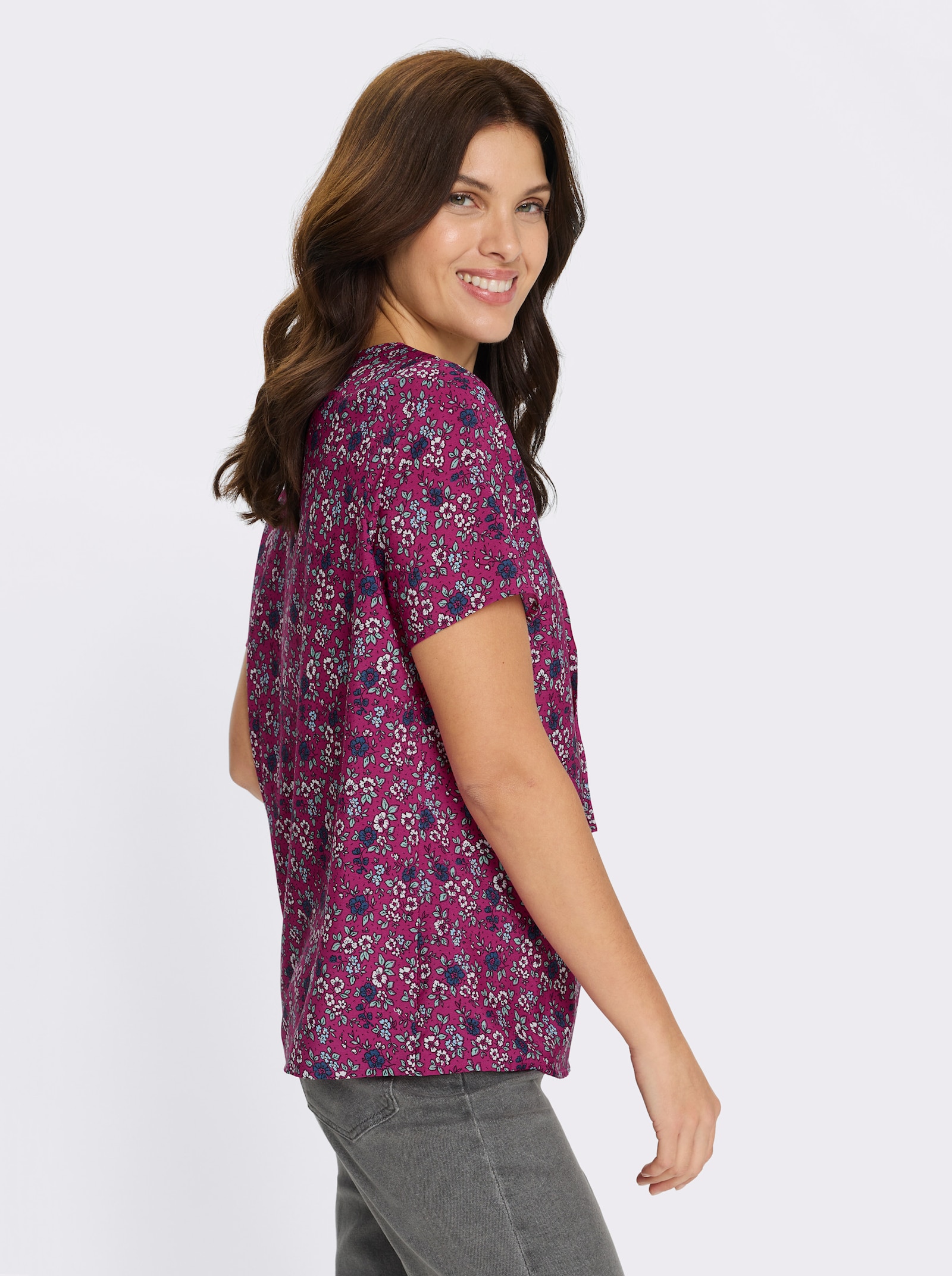 Schlupfbluse mit Millefleurs - fuchsia-jeansblau-bedruckt