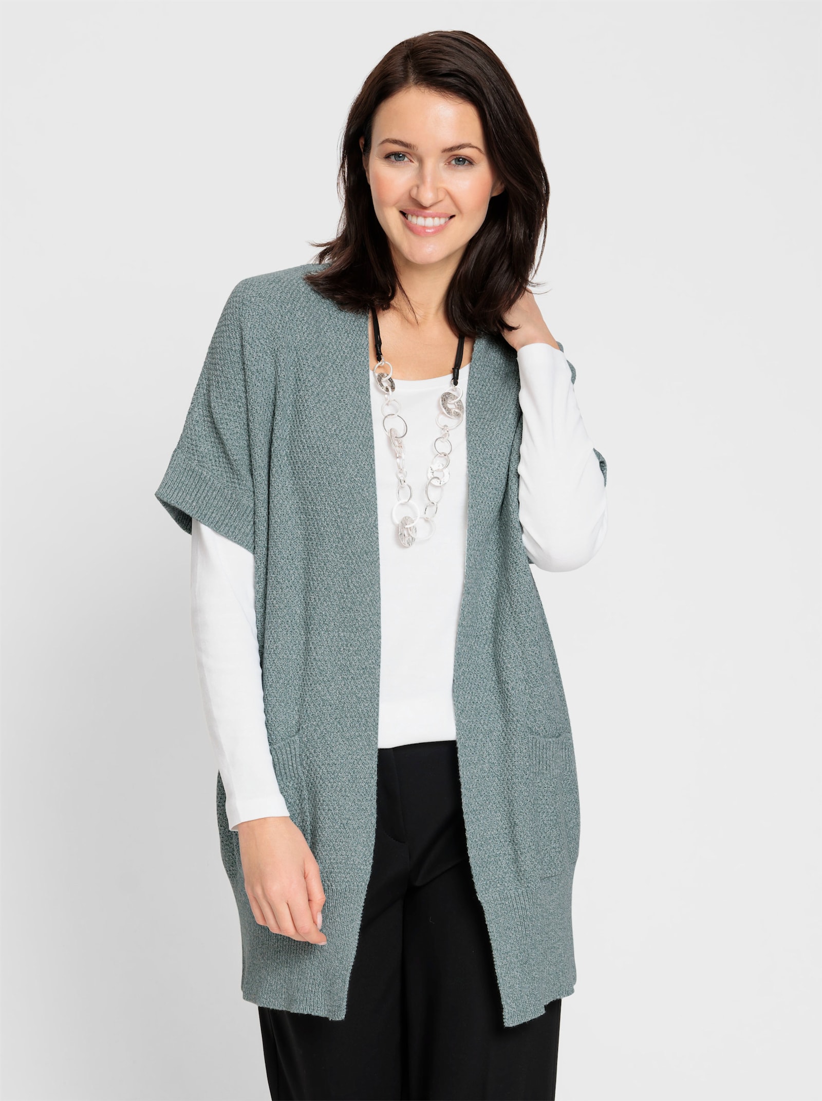 Longstrickjacke , verschlusslos - jade-meliert