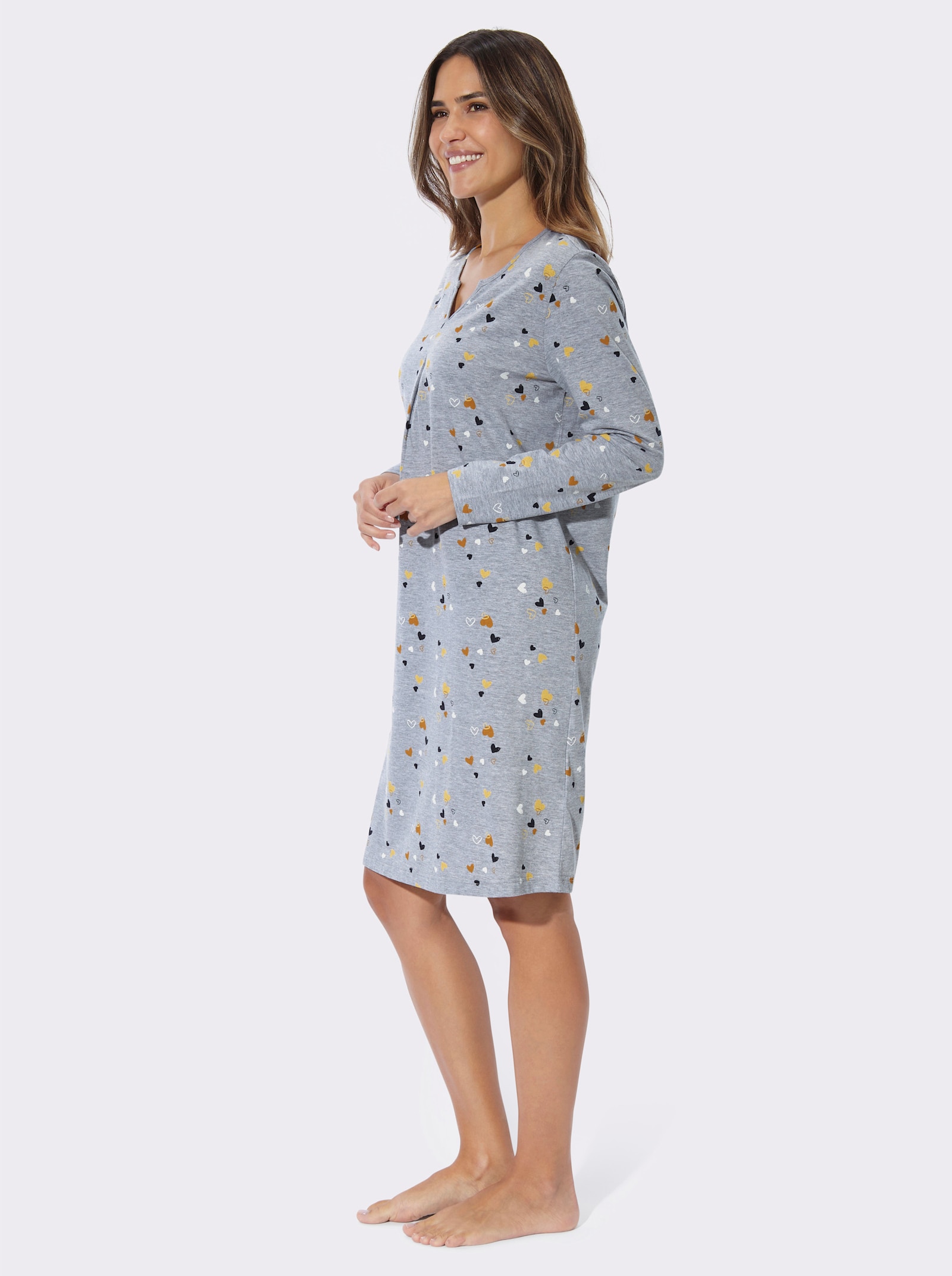 Nachthemd in melierter Qualität - grau-meliert-marine-bedruckt