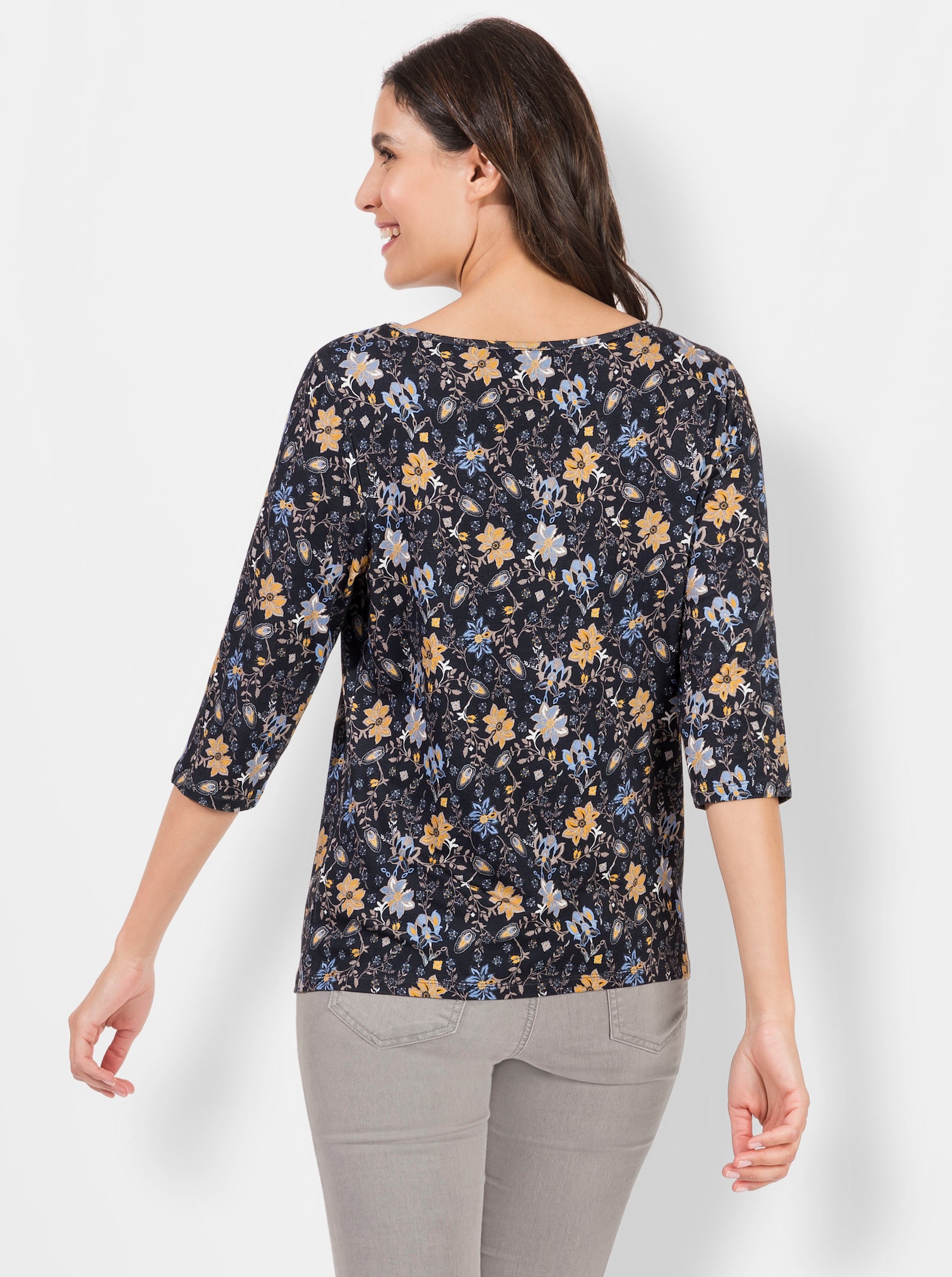 Print-Shirt mit U-Boot-Ausschnitt - marine-ocker-bedruckt