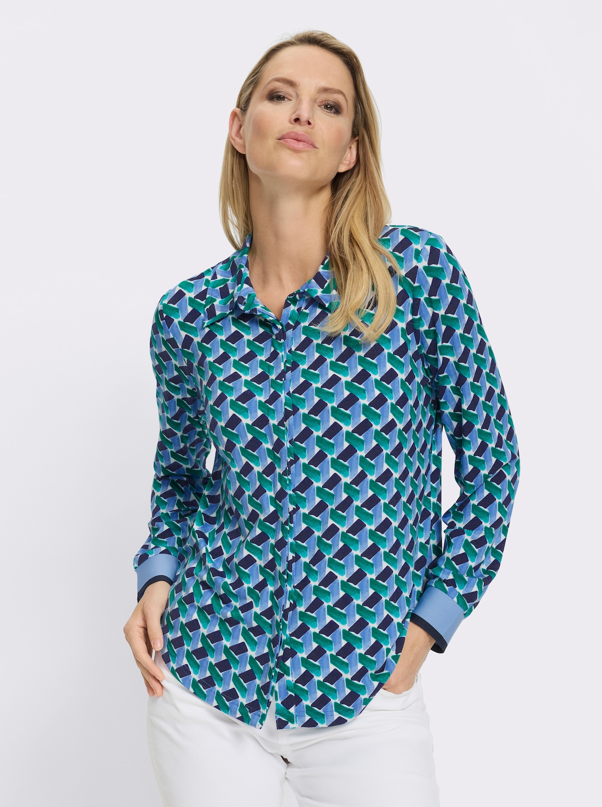 heine Druckbluse - himmelblau-grün-bedruckt