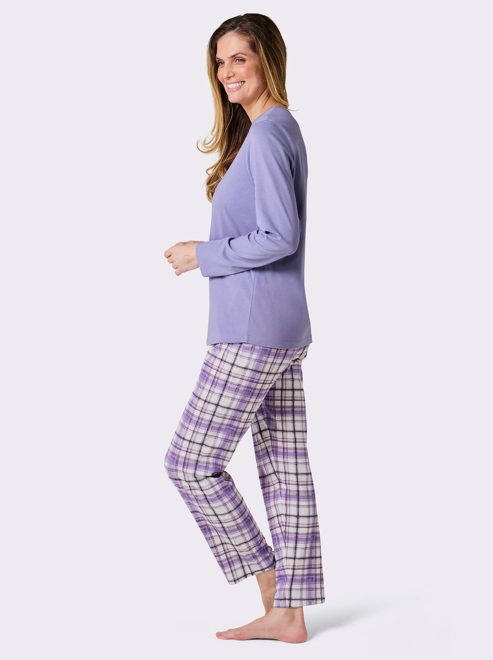 wäschepur Schlafanzüge mit karierten Hosen - grau-meliert-bedruckt + lavendel-bedruckt