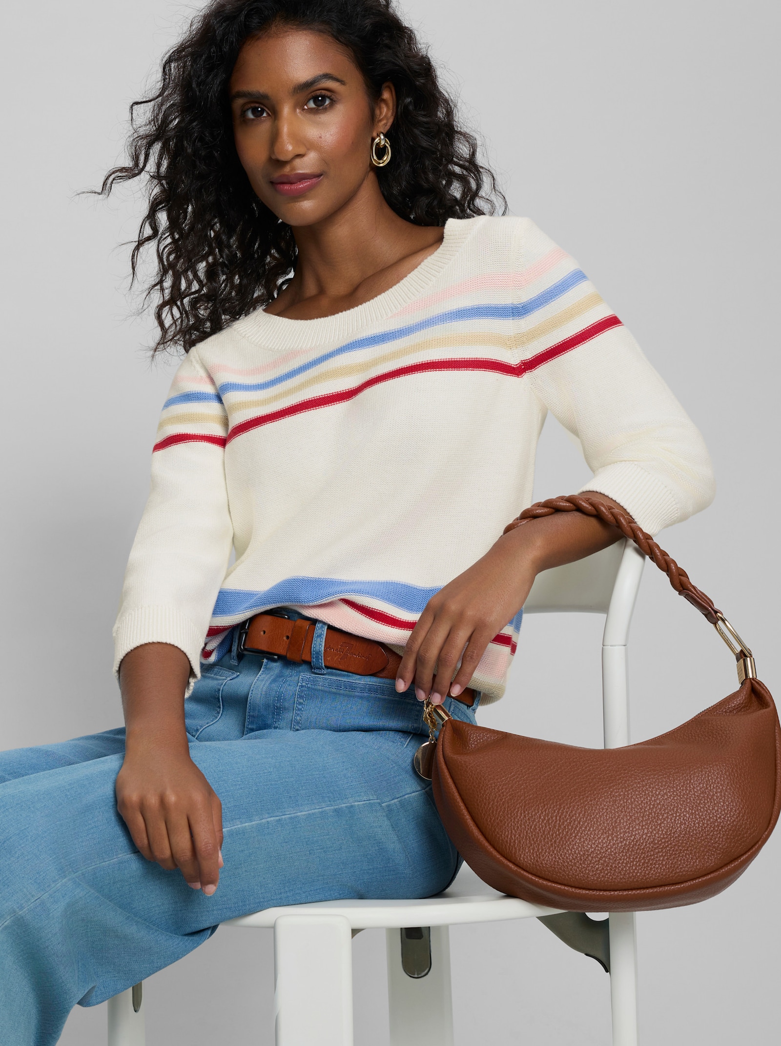 heine Baumwollpullover mit 3/4-Arm - ecru-himmelblau-gemustert