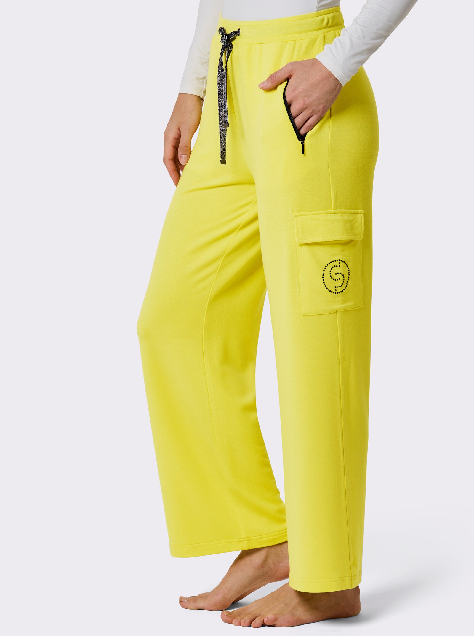 CREATION L PREMIUM Dehnbund-Hose mit Cargotasche - limone-schwarz