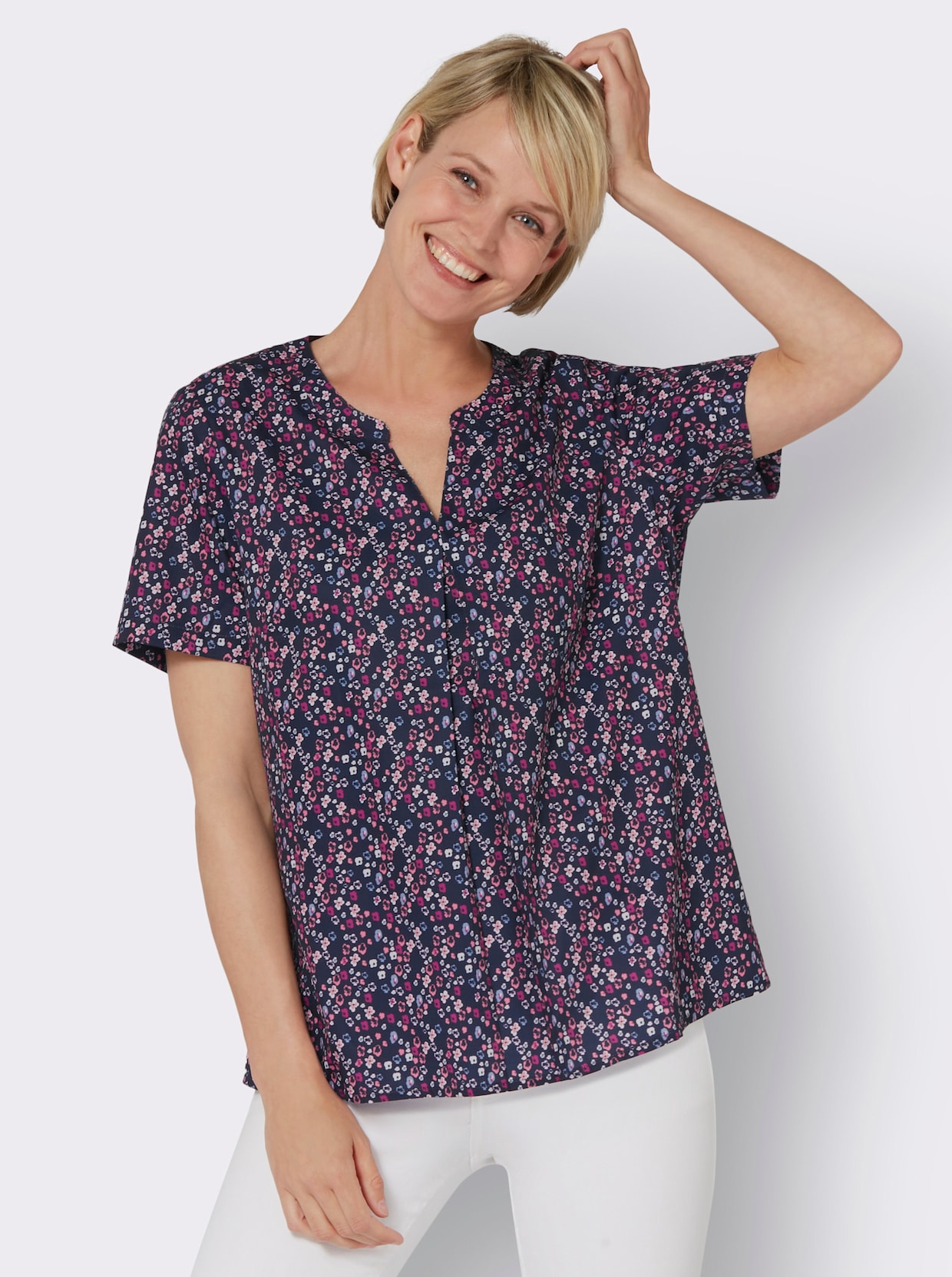 Comfortabele blouse - marine/koraal bedrukt