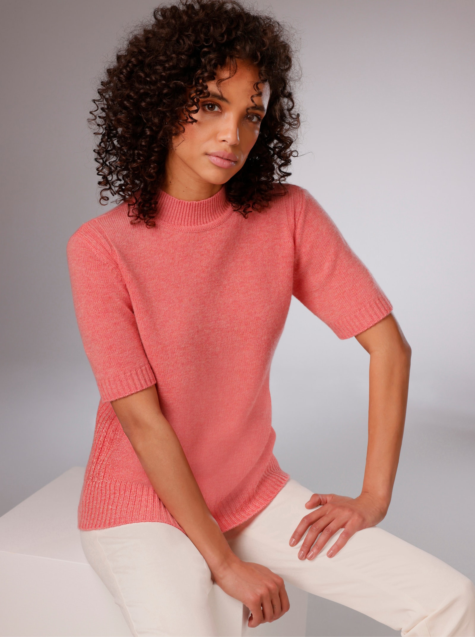 CREATION L PREMIUM Kurzarmpullover Mit geripptem Einsatz - koralle-meliert