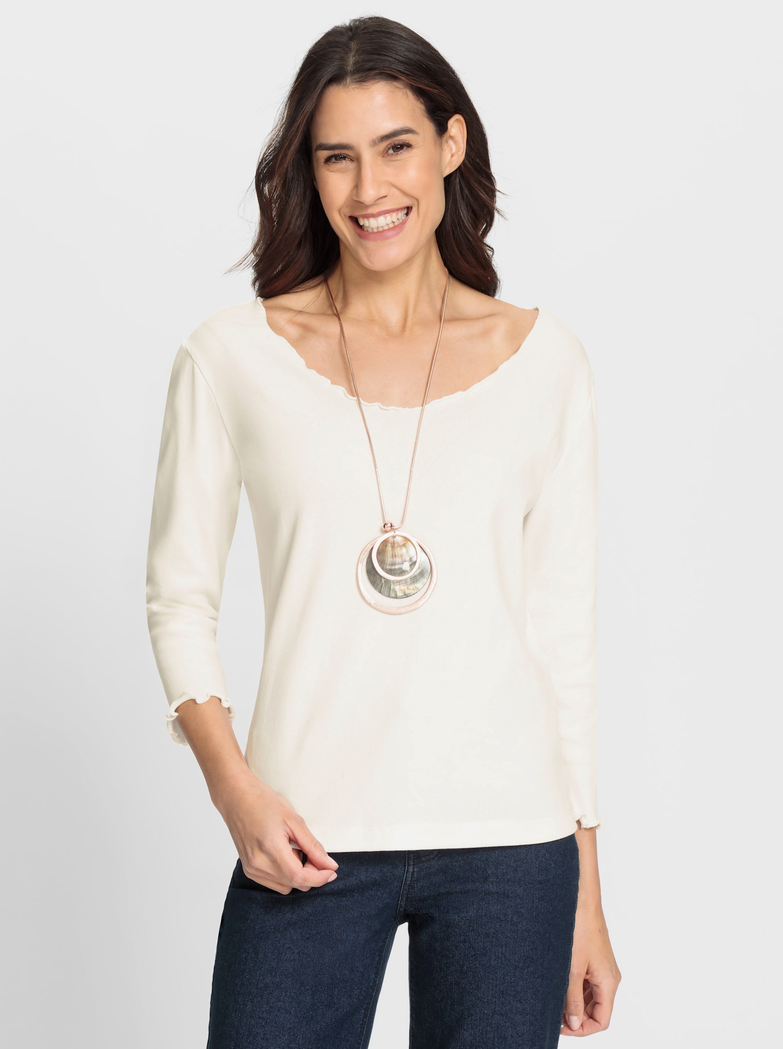 V-Shirt mit Wellensaum an Ausschnitt und Ärmel - ecru