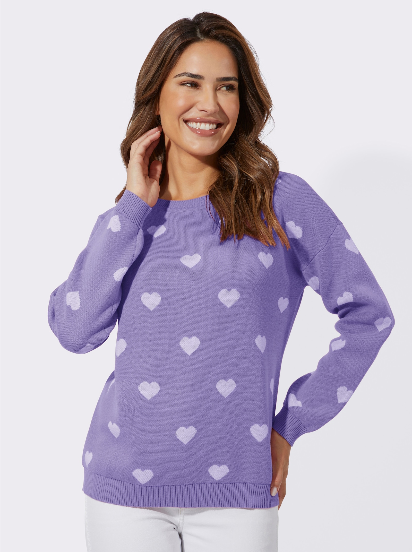 Langarm-Pullover mit Herz-Motiven - lavendel-weiss-gemustert