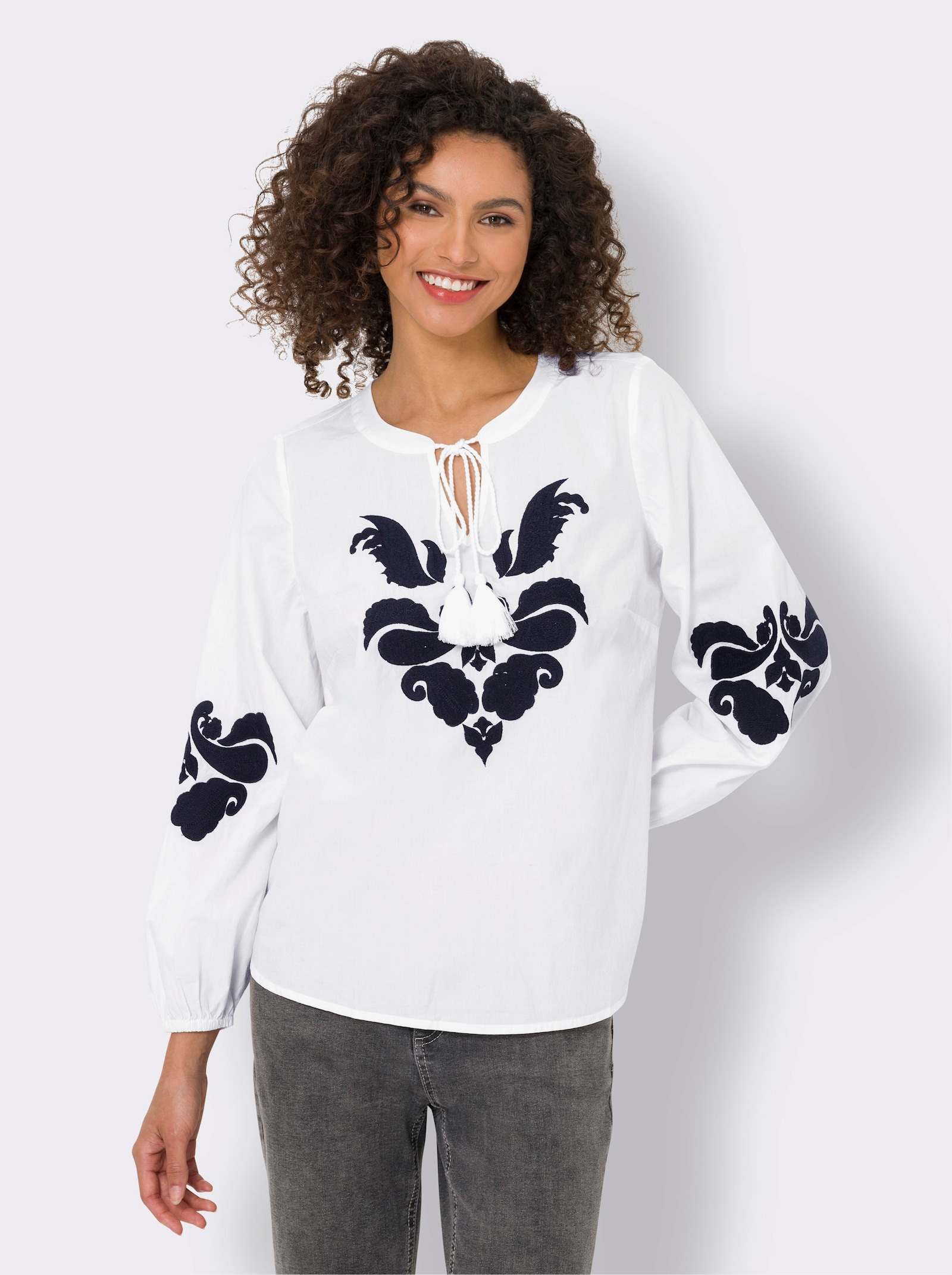 heine Schlupf-Bluse mit Ornament-Applikation - weiß-schwarz