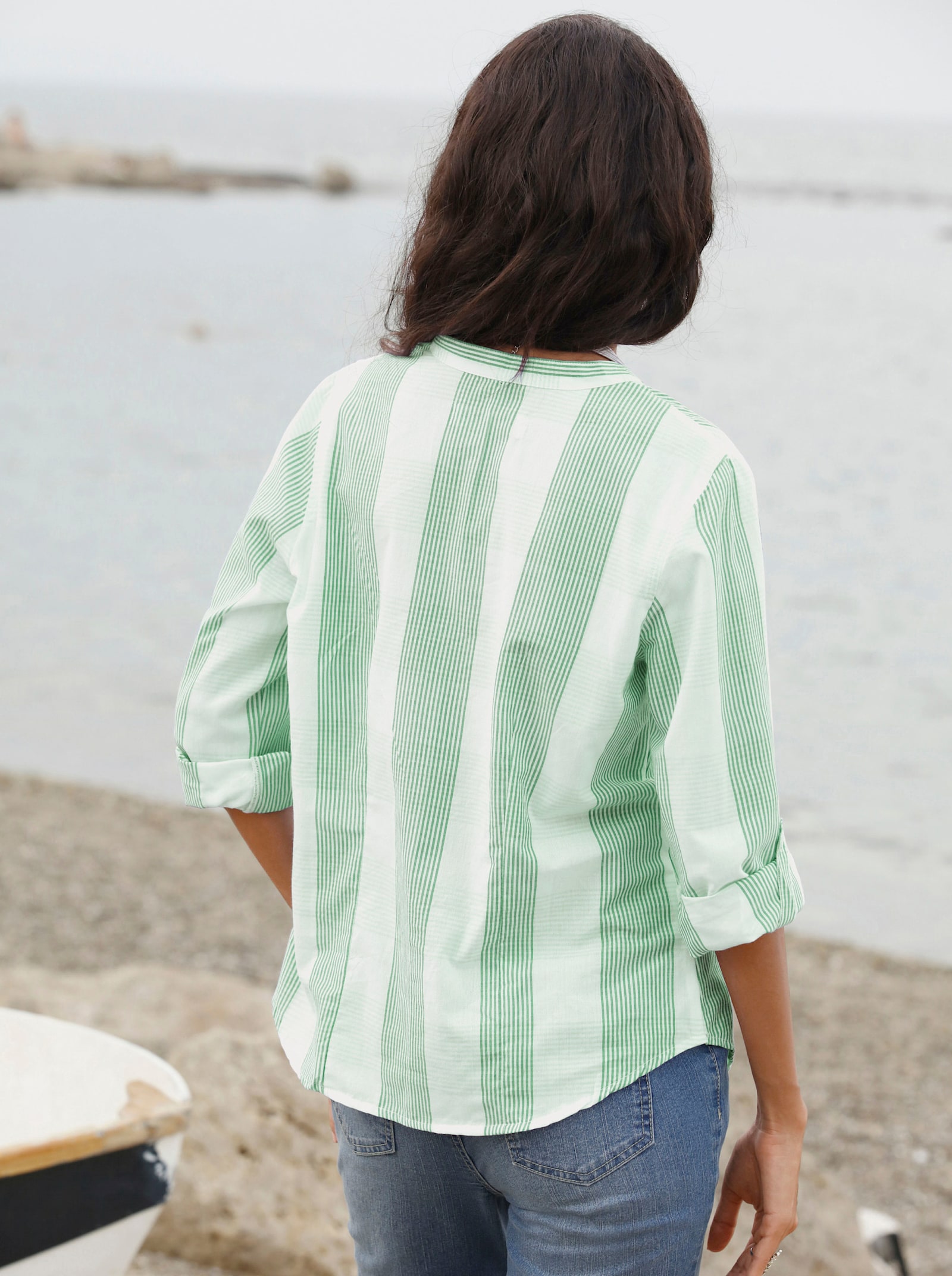 Bomullsblus med ståkrage, rutig - grön-vit, rutig