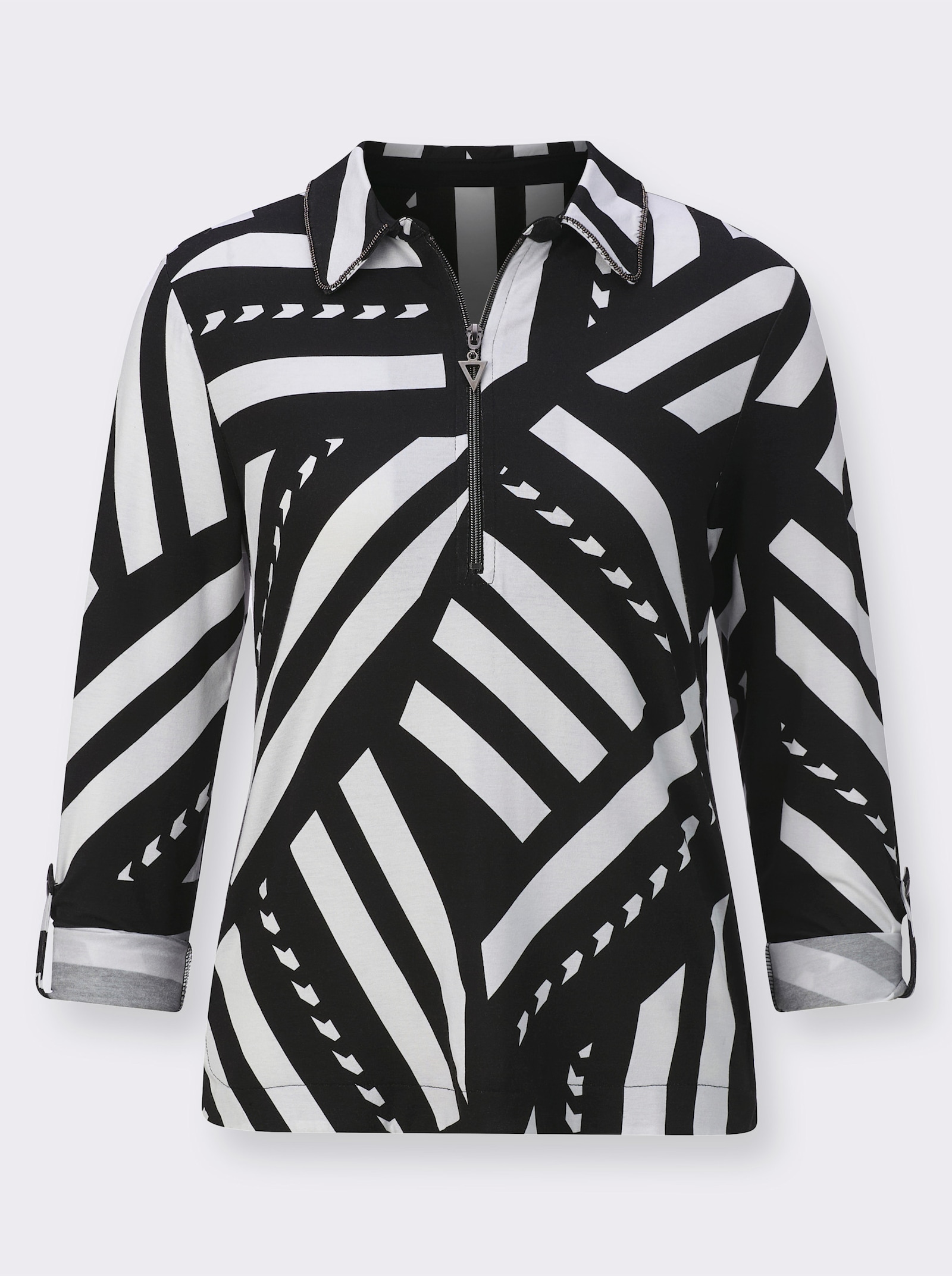 Poloshirt mit Krempel-Ärmel - schwarz-weiß-bedruckt