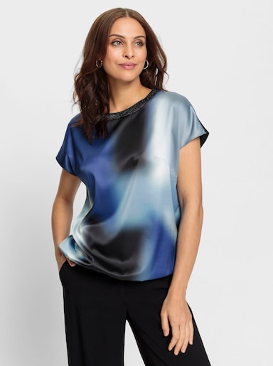 Schlupfbluse mit elastischem Saum - royalblau-schwarz-bedruckt