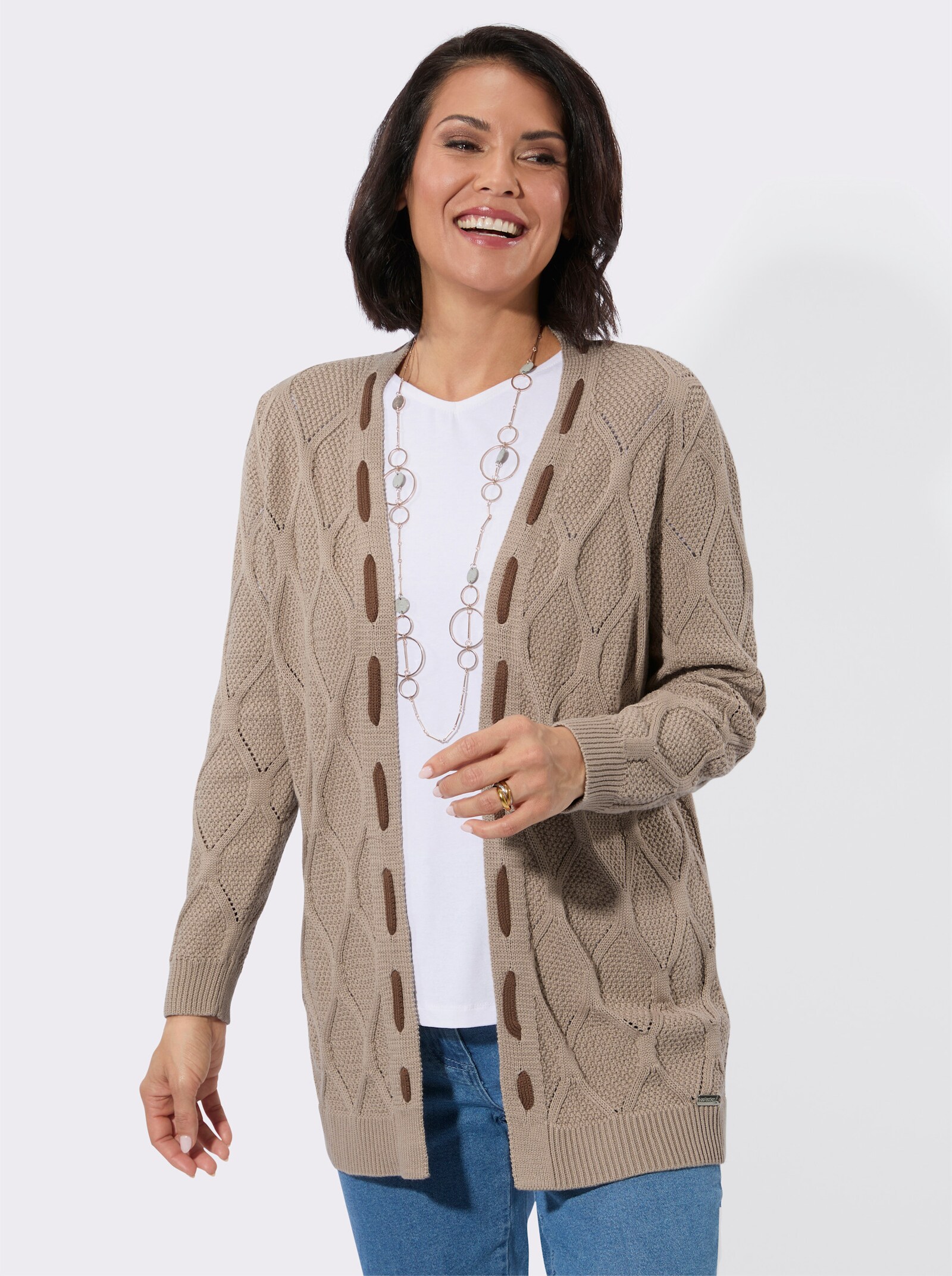 Longstrickjacke mit kontrastfarbigen Details - sesam