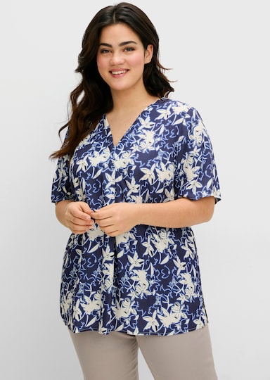 sheego Tunika mit Blumenprint und V-Ausschnitt - tiefblau-gemustert