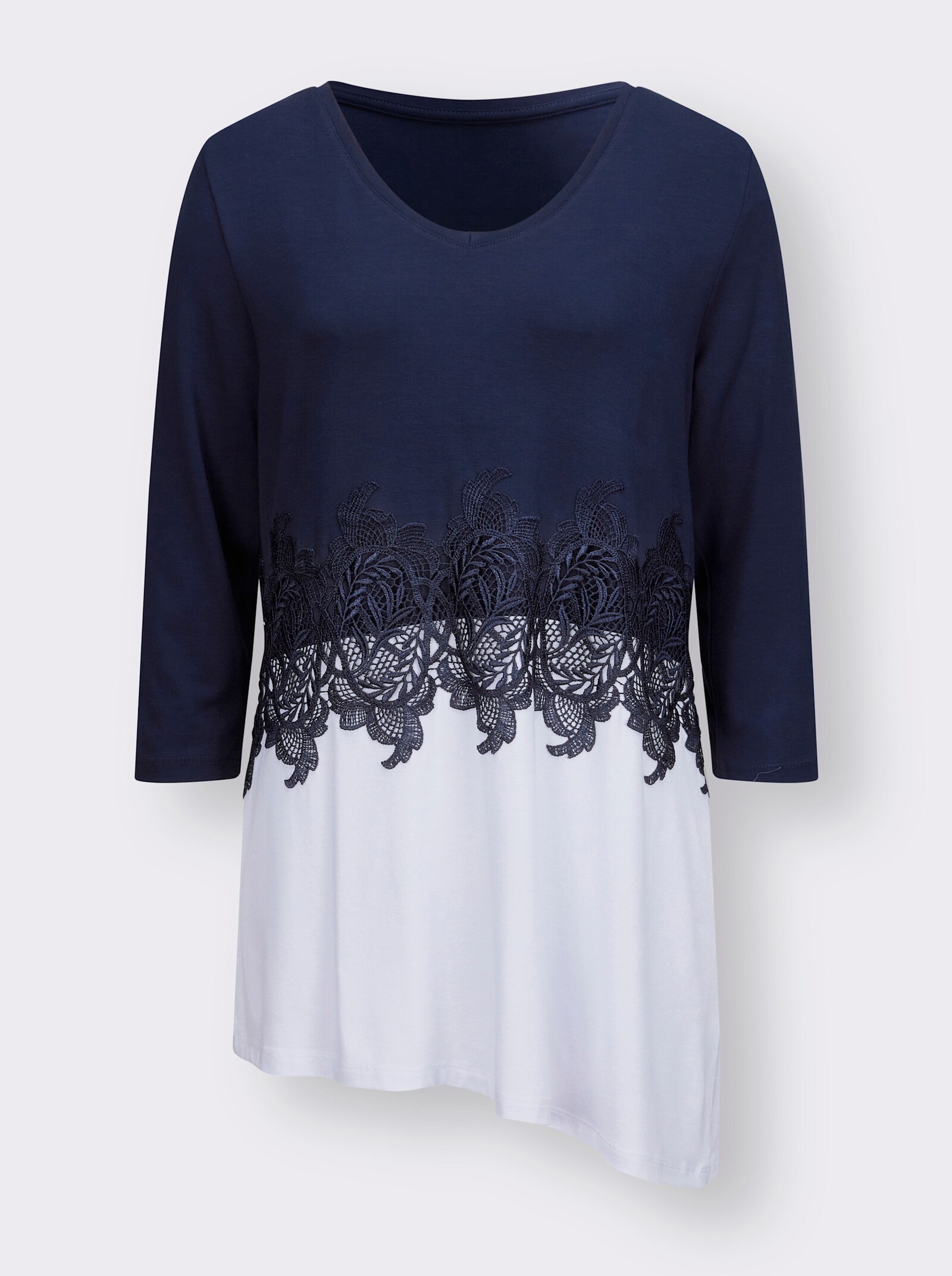 3/4-Arm-Shirt mit floraler Spitze - marine-weiß