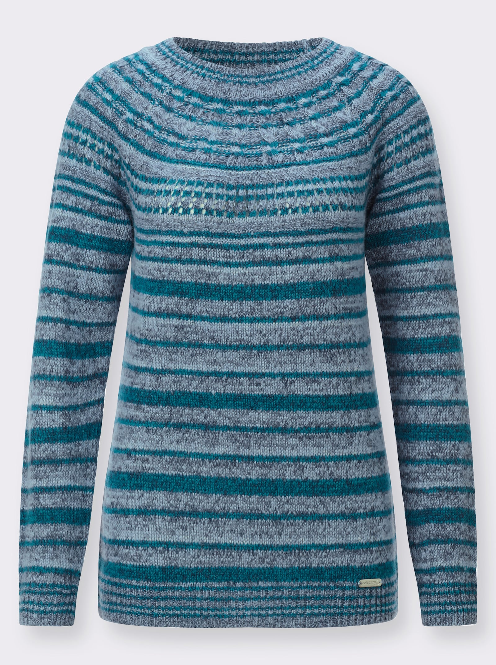 Rundhalspullover aus effektvollem Flauschgarn - hellblau-aquapetrol-geringelt