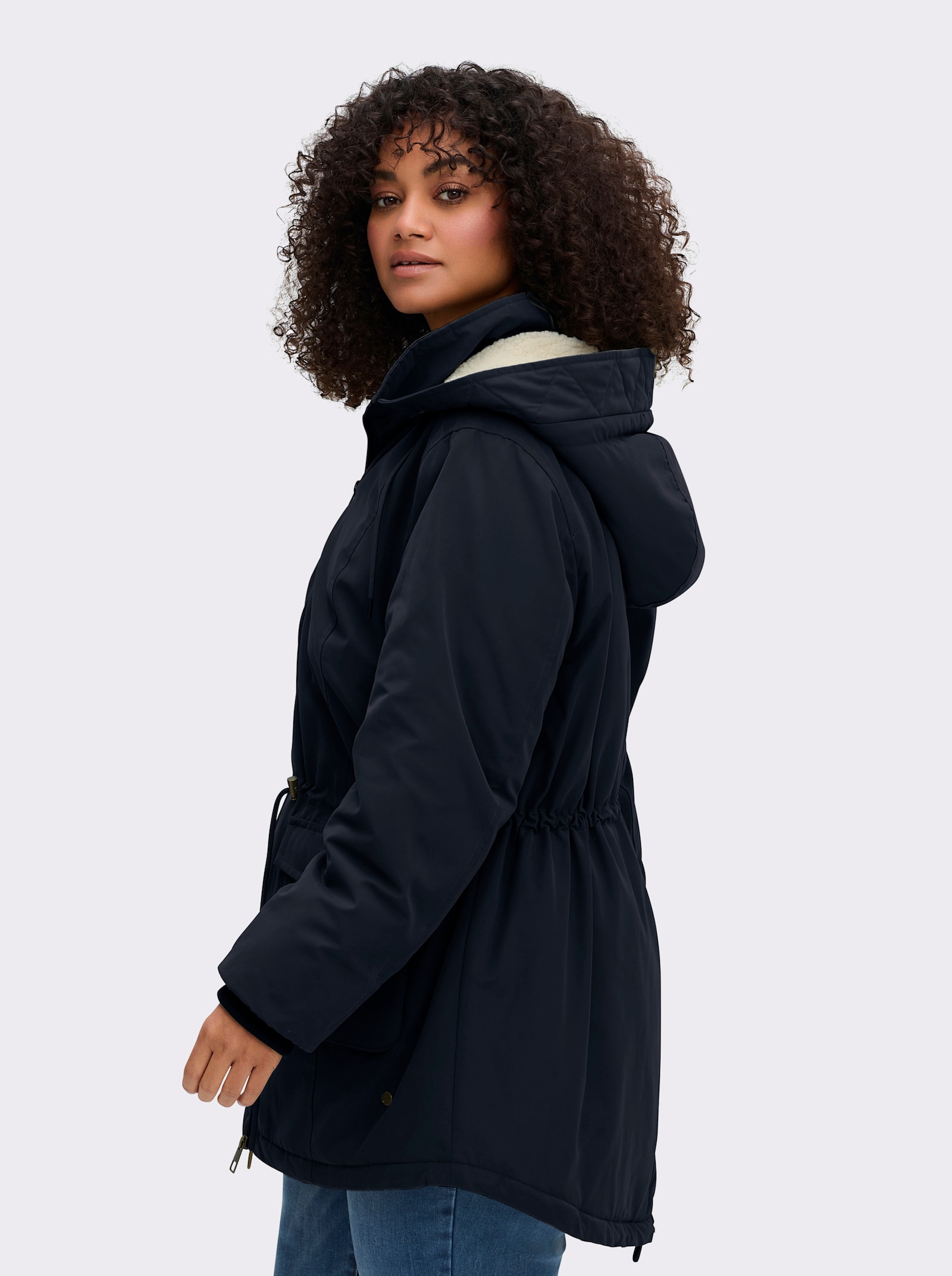 sheego Parka met teddyfleece-capuchon - diepblauw