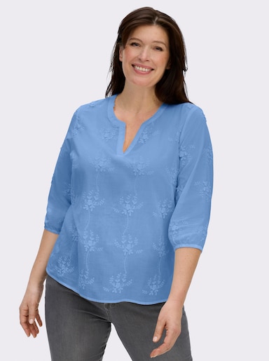  Baumwollbluse mit 3D-Blütenstickerei - himmelblau