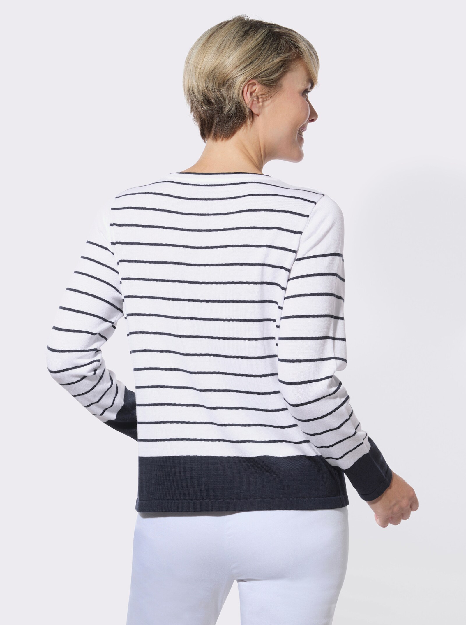 Rundhalspullover mit Rollkanten - marine-weiß-geringelt
