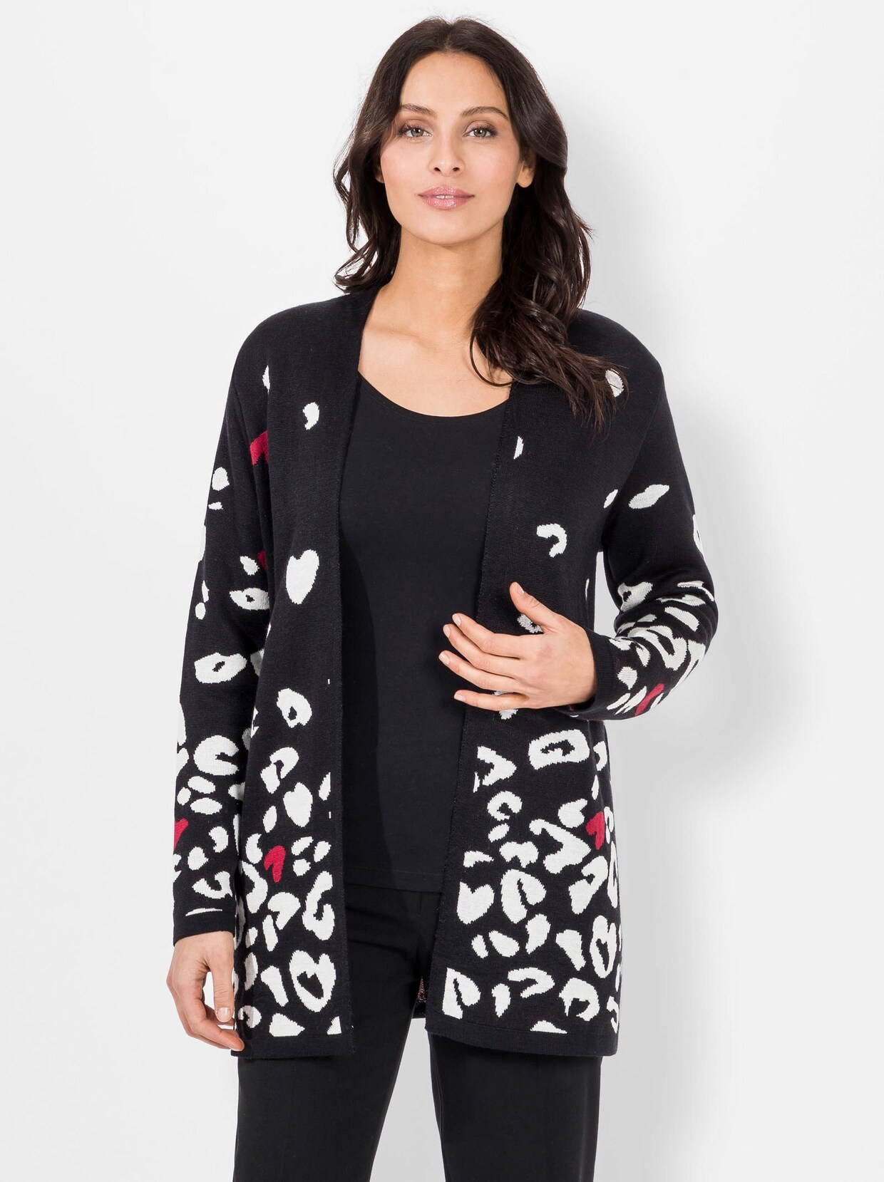 Jacquardstrickjacke - schwarz-rot-gemustert