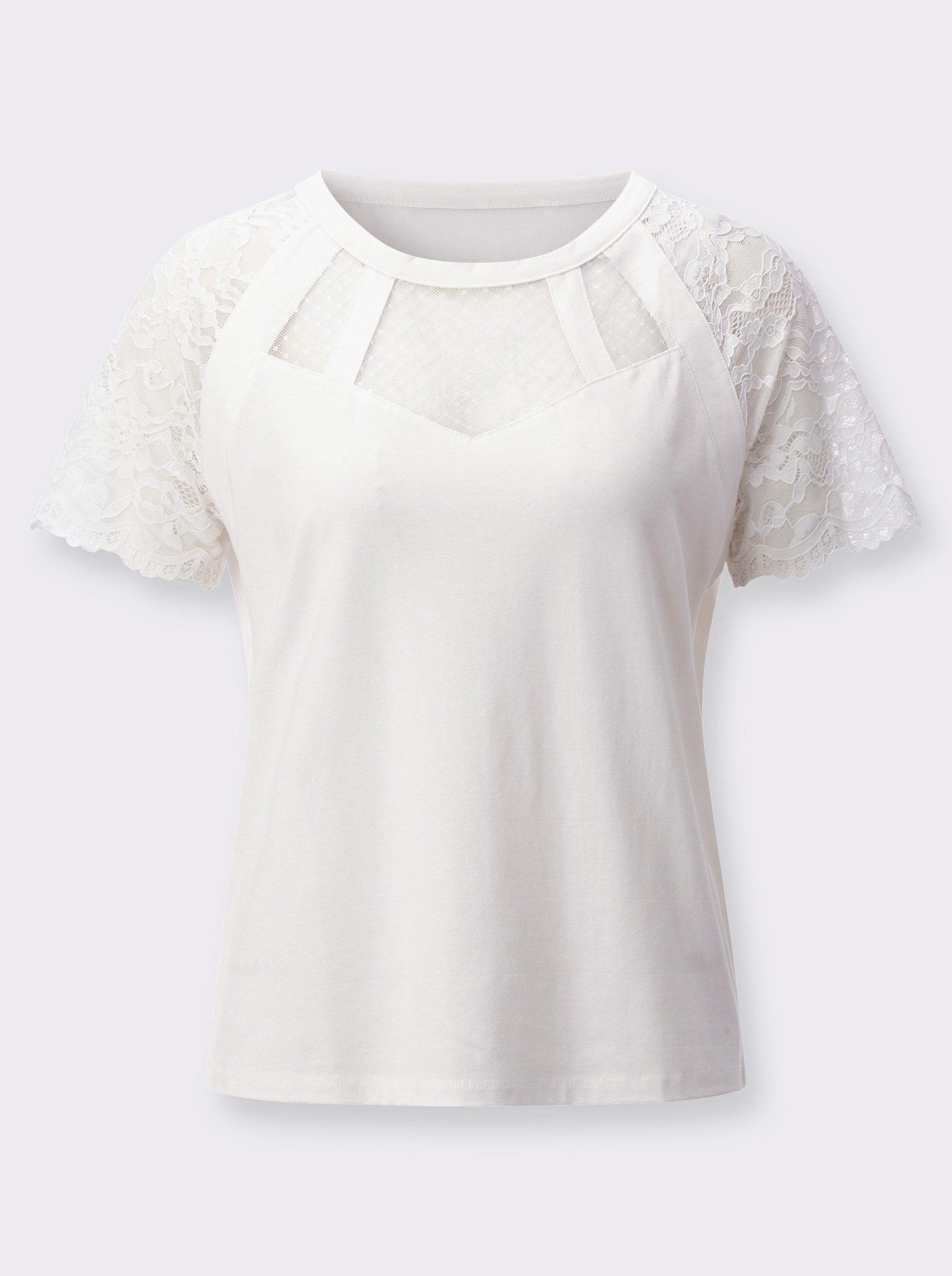 Rundhalsshirt mit Spitzen-Ärmel - ecru