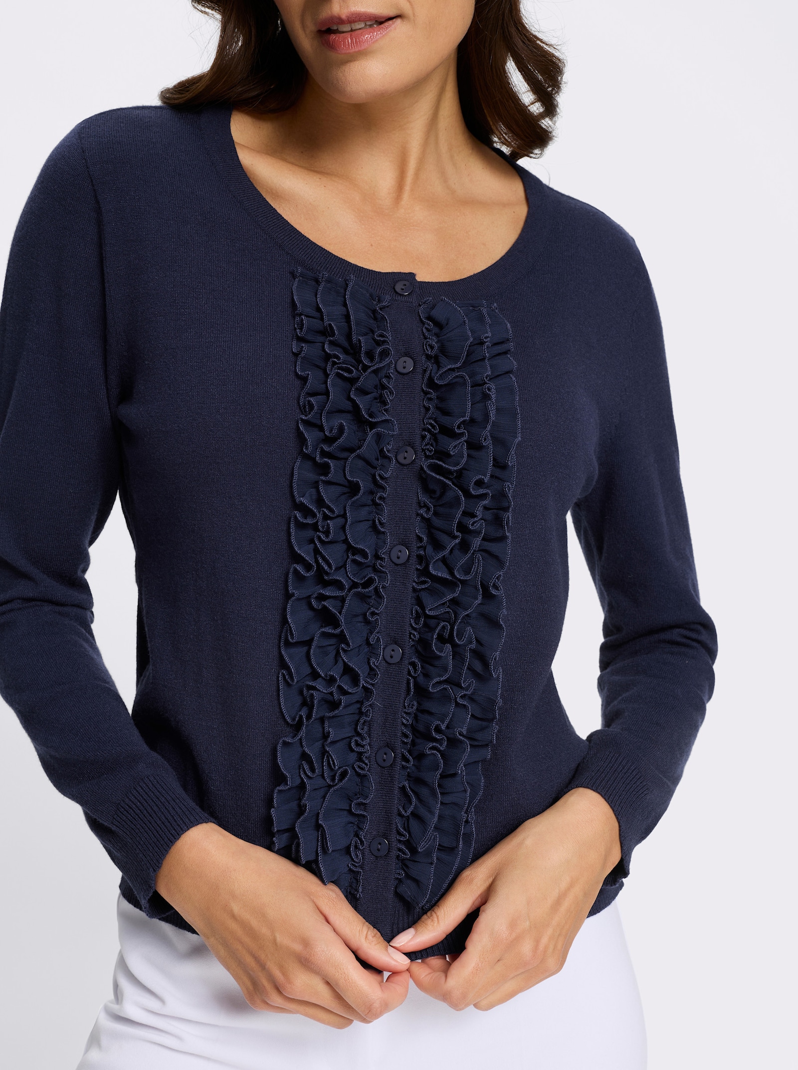 Strickjacke mit Rüschen - marine