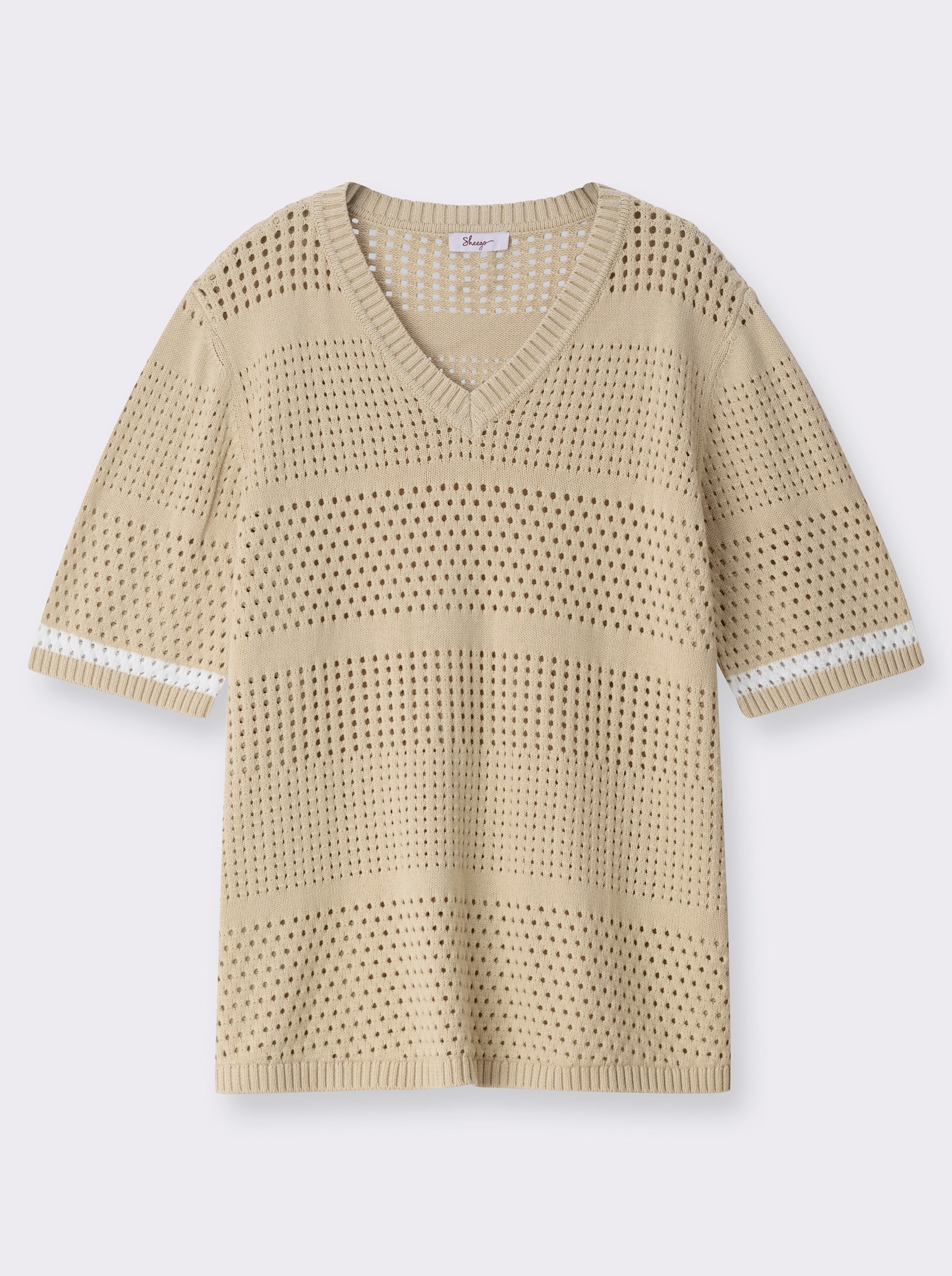 sheego Strickpullover mit Kontraststreifen an den Halbarmen - sand