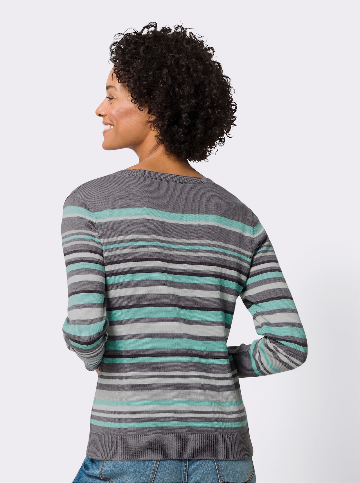 Pullover met V-hals - grijs/mint gestreept