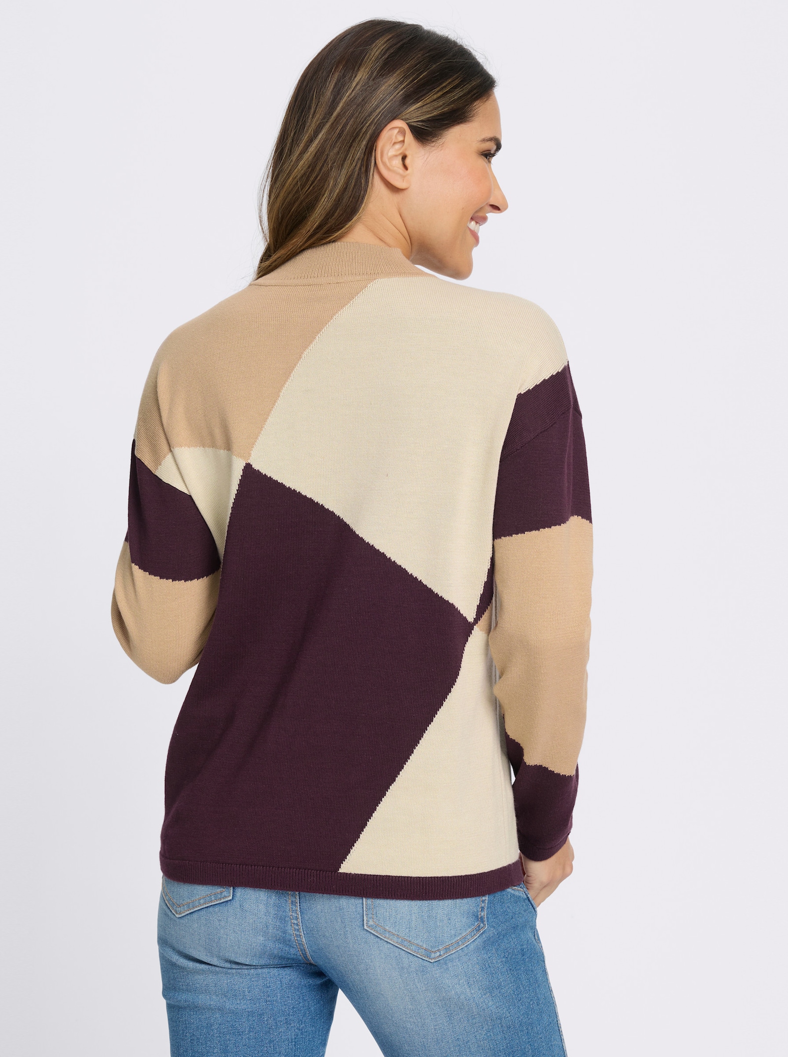 Stehkragenpullover mit grafischem Muster - sand-burgund-gemustert