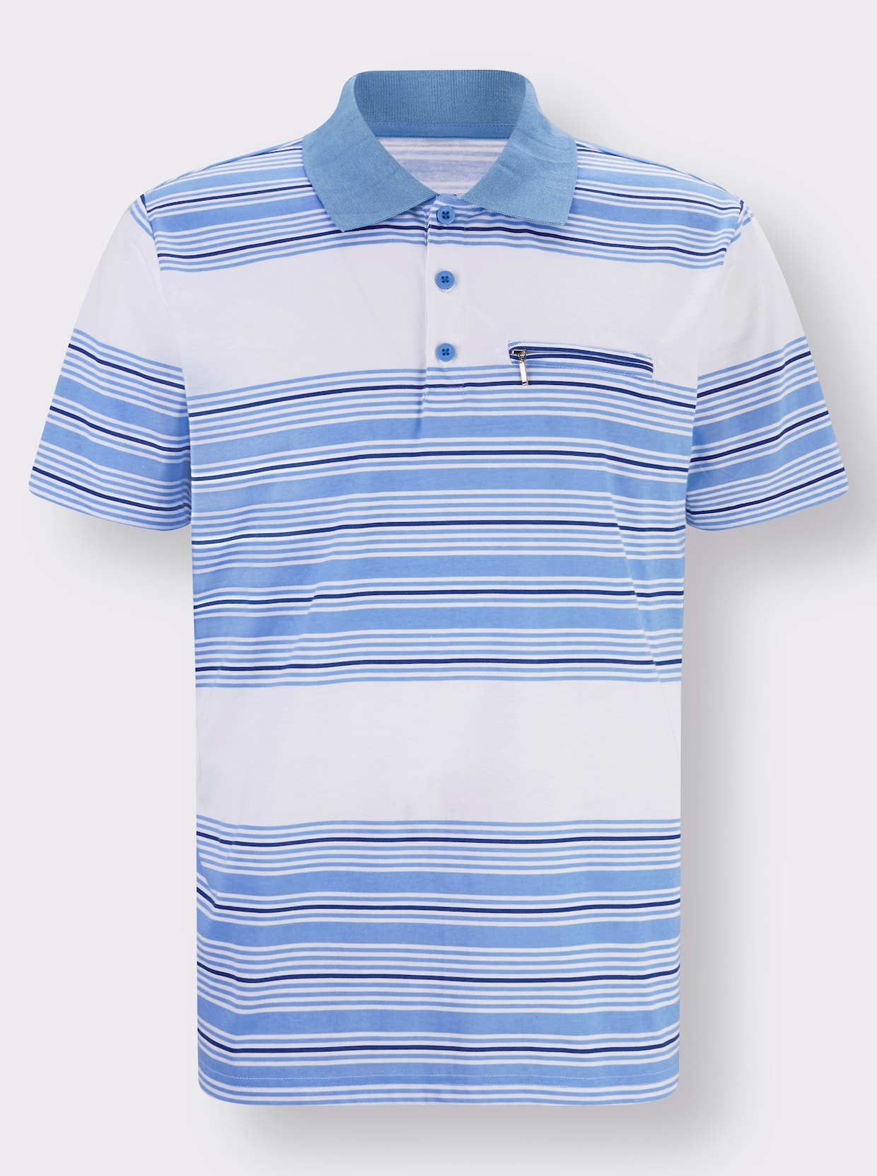 Poloshirt - weiss-himmelblau-bedruckt