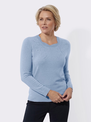 Langarm-Pullover mit Glitzersteinchen und Stickerei - eisblau-meliert