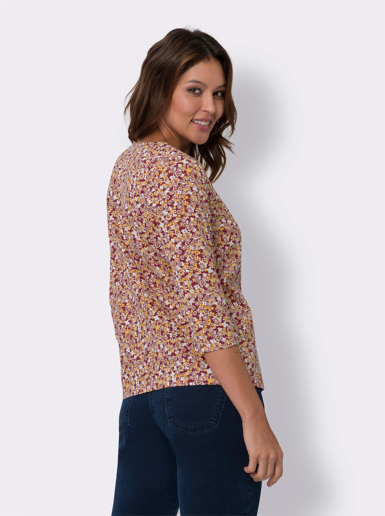 3/4-Arm-Shirt mit Millefleurs-Muster - dunkelrot-ocker-bedruckt