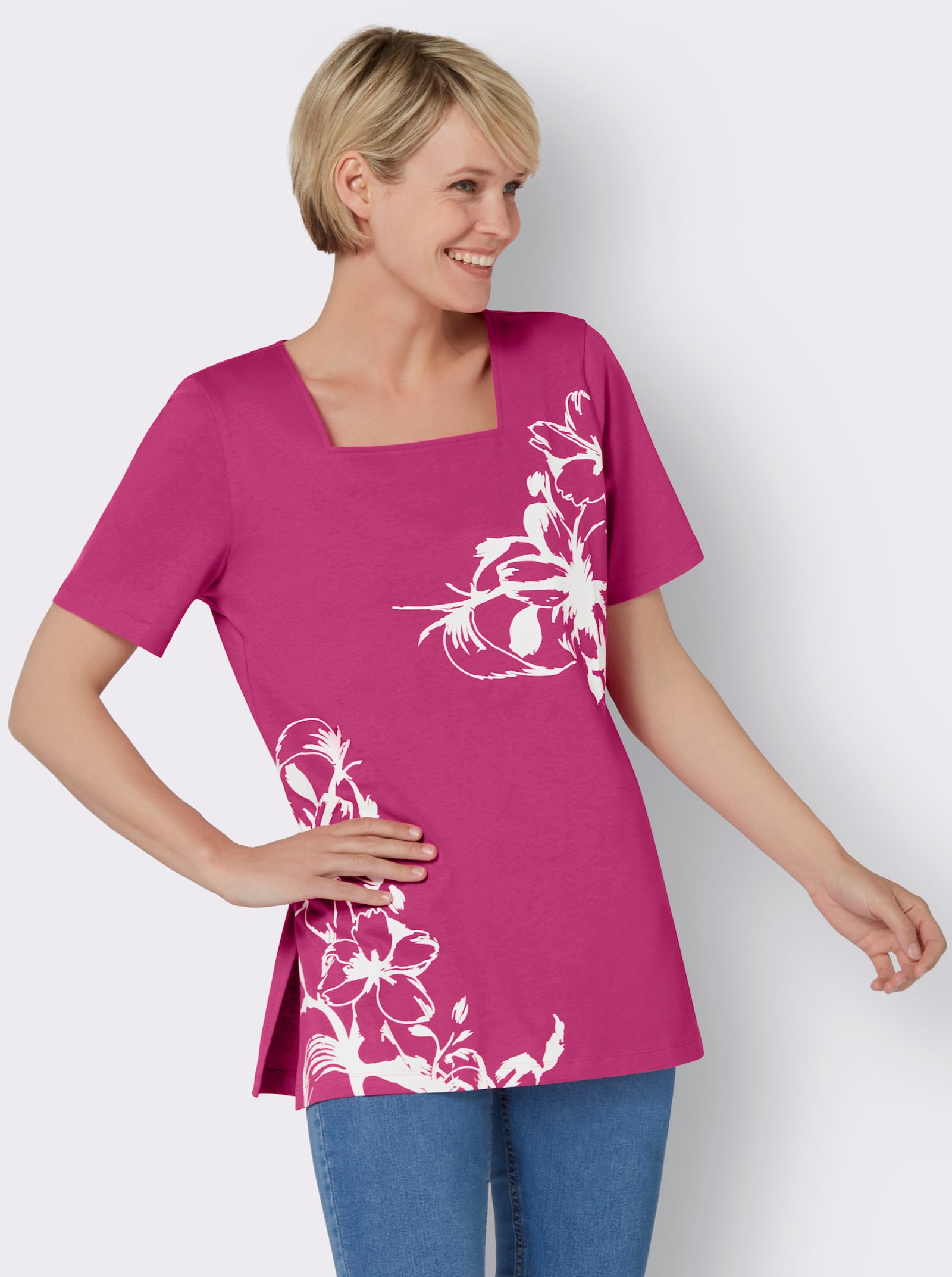 Lang shirt met vierkante hals, gebloemd - fuchsia/wit
