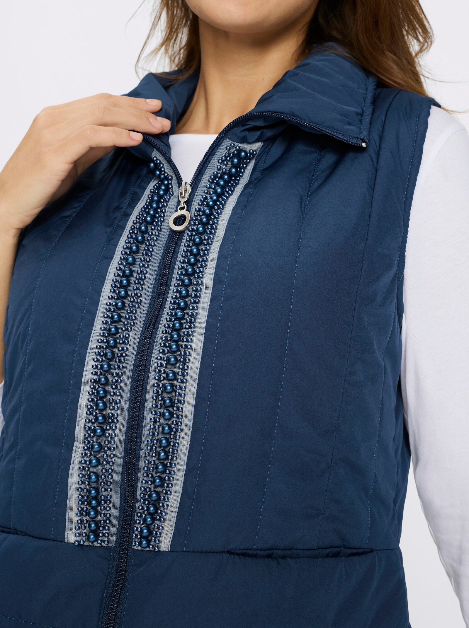 Steppweste mit Zierperlen am Reißverschluss - dunkelblau
