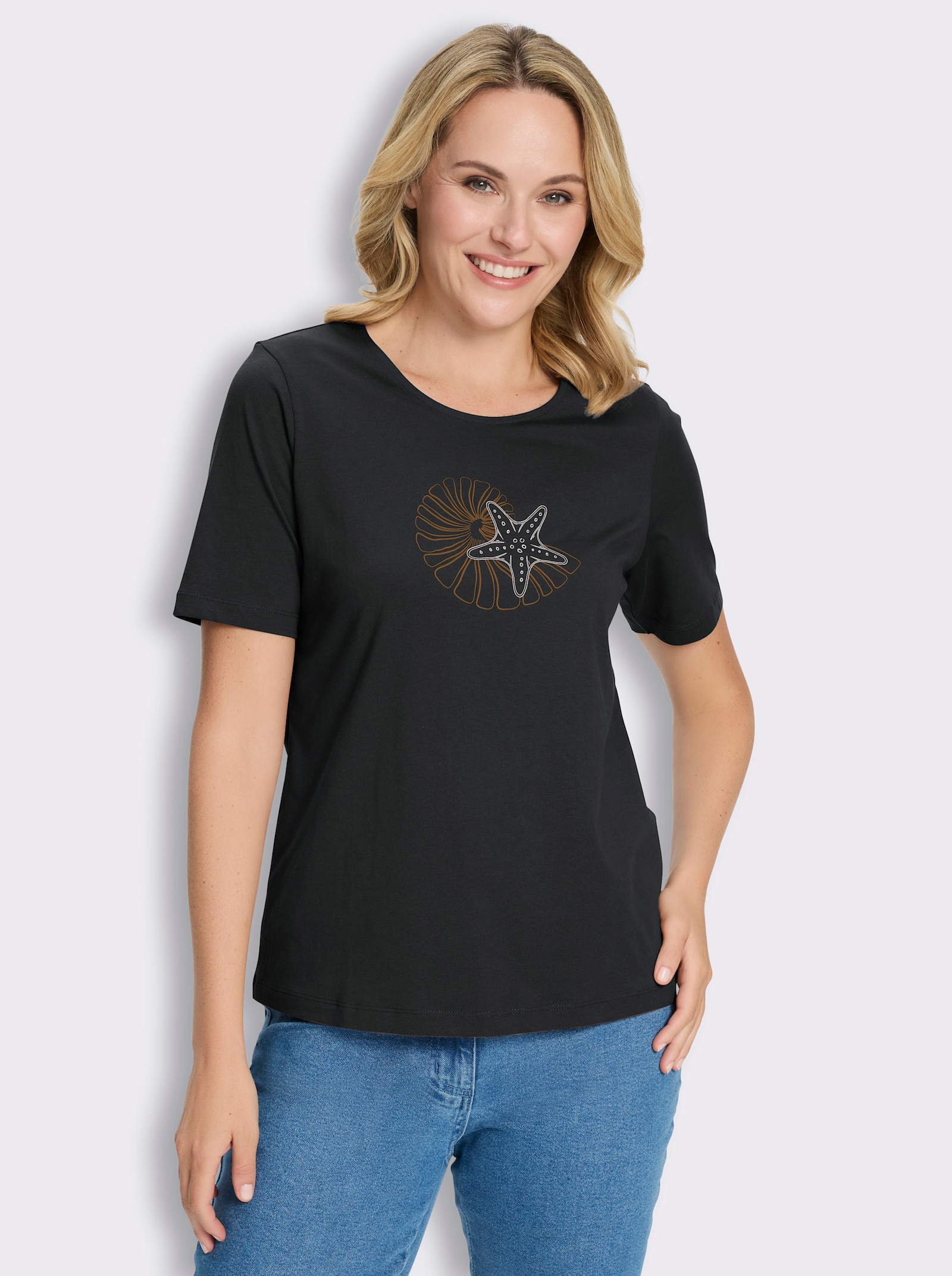 Kurzarmshirt im Muschel-Dessin - schwarz-camel