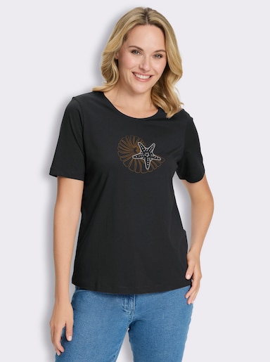 Kurzarmshirt im Muschel-Dessin - schwarz-camel
