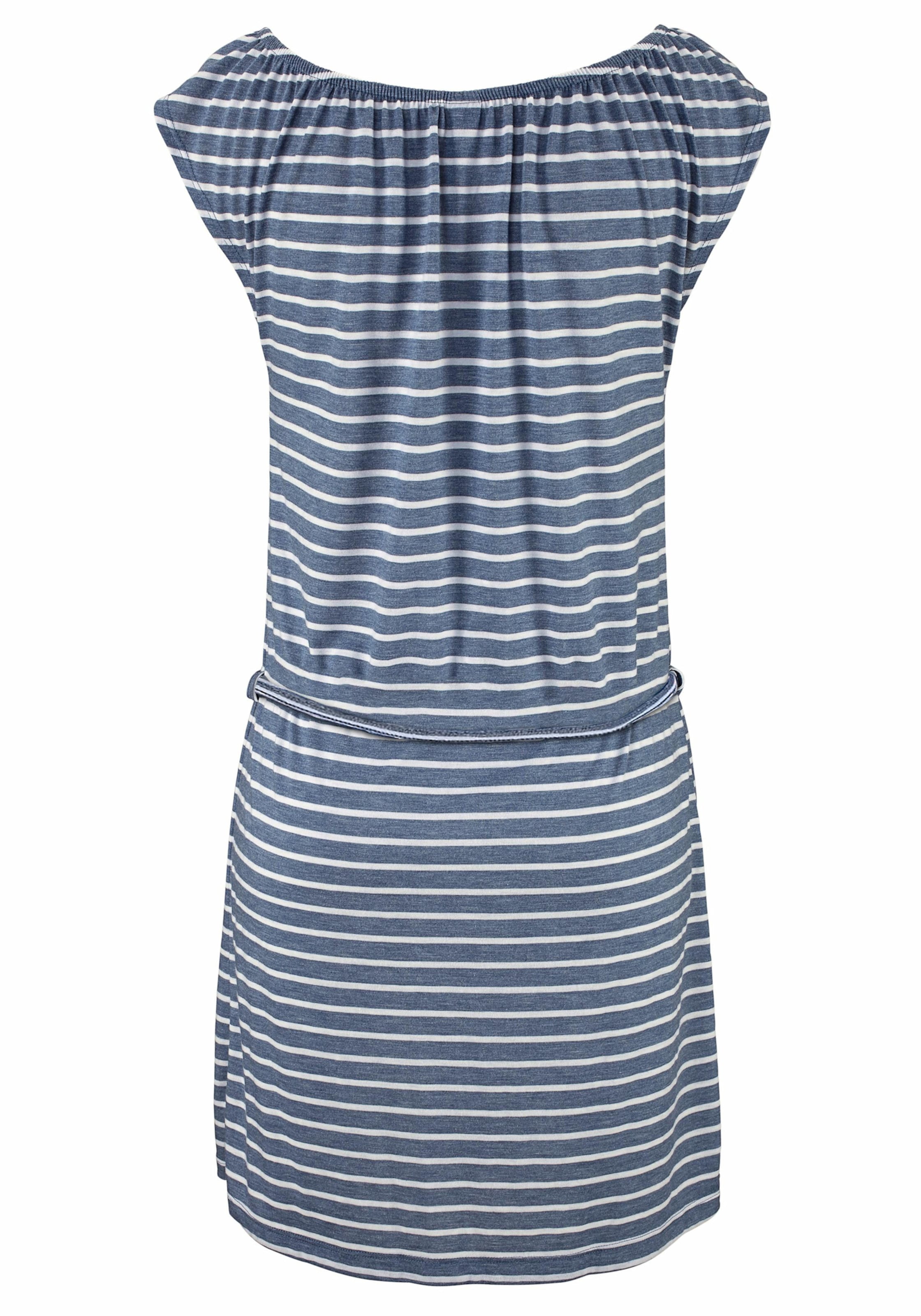 Venice günstig Kaufen-Jerseykleid in blau-weiß-gestreift von Venice Beach. Jerseykleid in blau-weiß-gestreift von Venice Beach <![CDATA[In modischer Streifenoptik. Bindebänder am Ausschnitt. Mit Gürtel. Rückenlänge ca. 86 cm. Supersofte Qualität aus 85% Polyeste