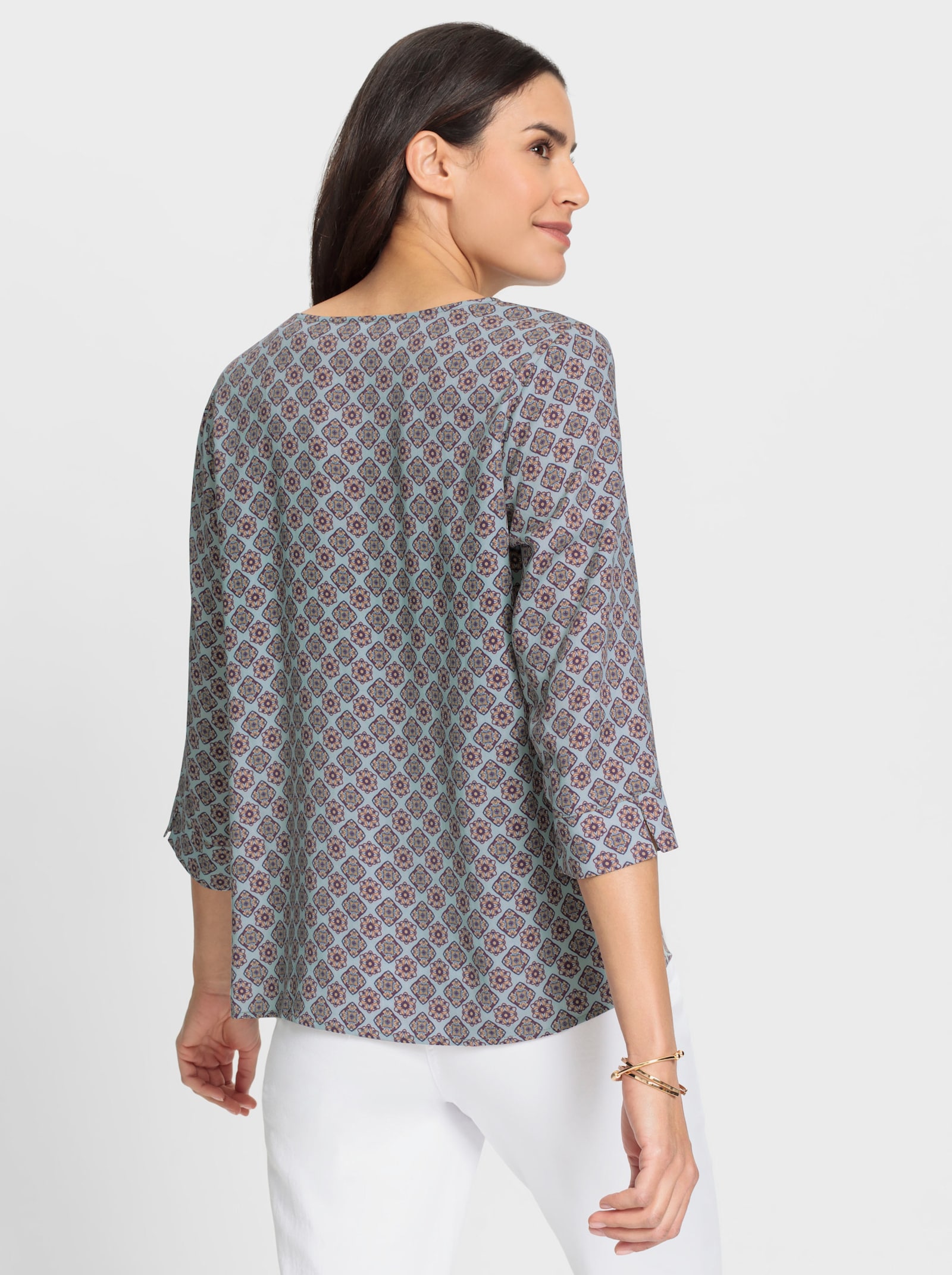 Schlupfbluse mit Seitenschlitzen am Saum - mint-marine-bedruckt