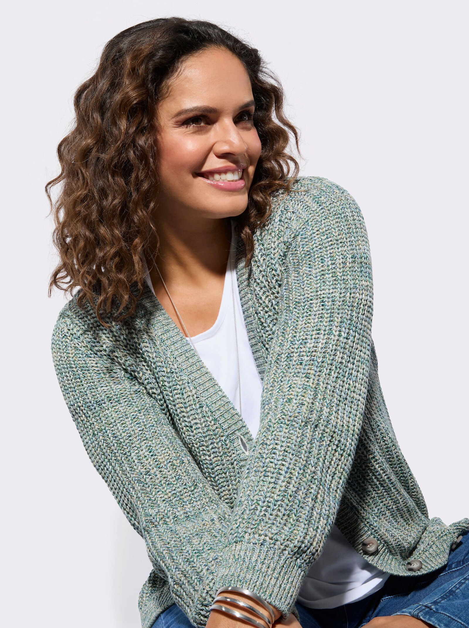 Strickjacke mit elastischen Ripp-Bündchen - lindgrün-bleu-meliert