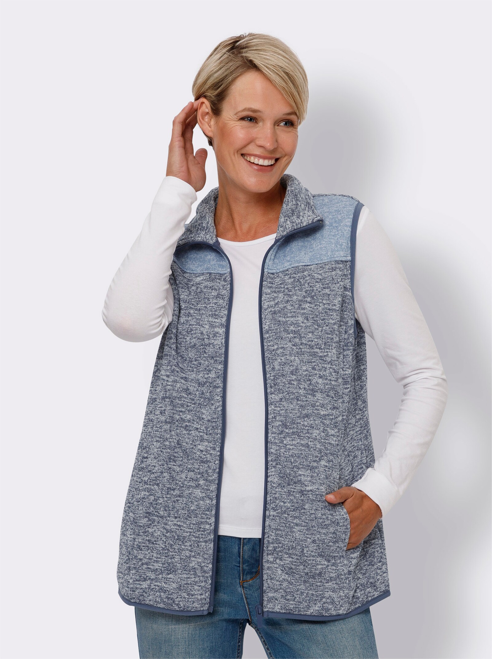 Fleeceweste innen weich angeraut - rauchblau-ecru-meliert